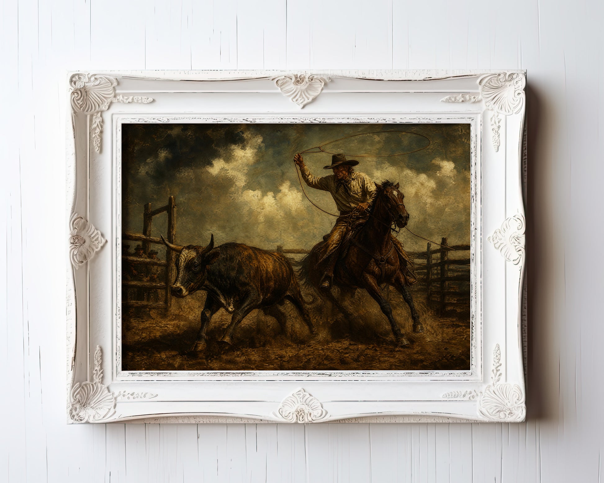 Oil painting of a cowboy roping a steer in a dusty arena at golden hour — view 3