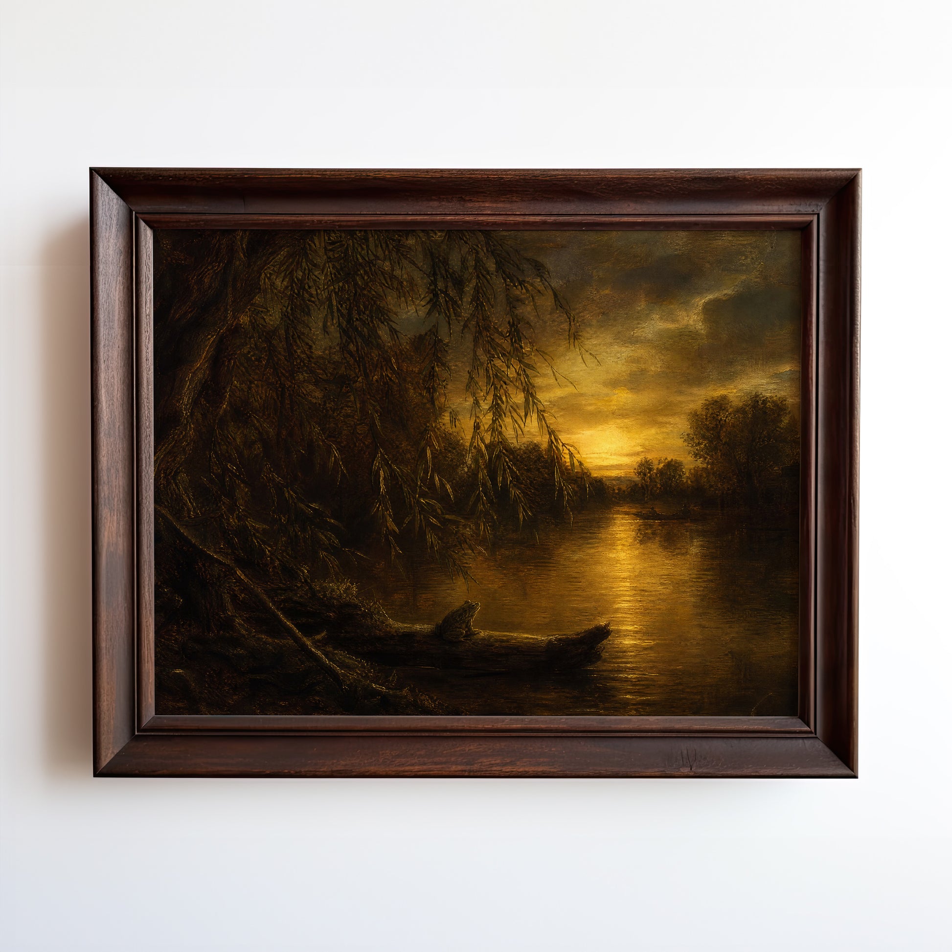 Oil painting of weeping willow branches framing a golden sunset over a still river