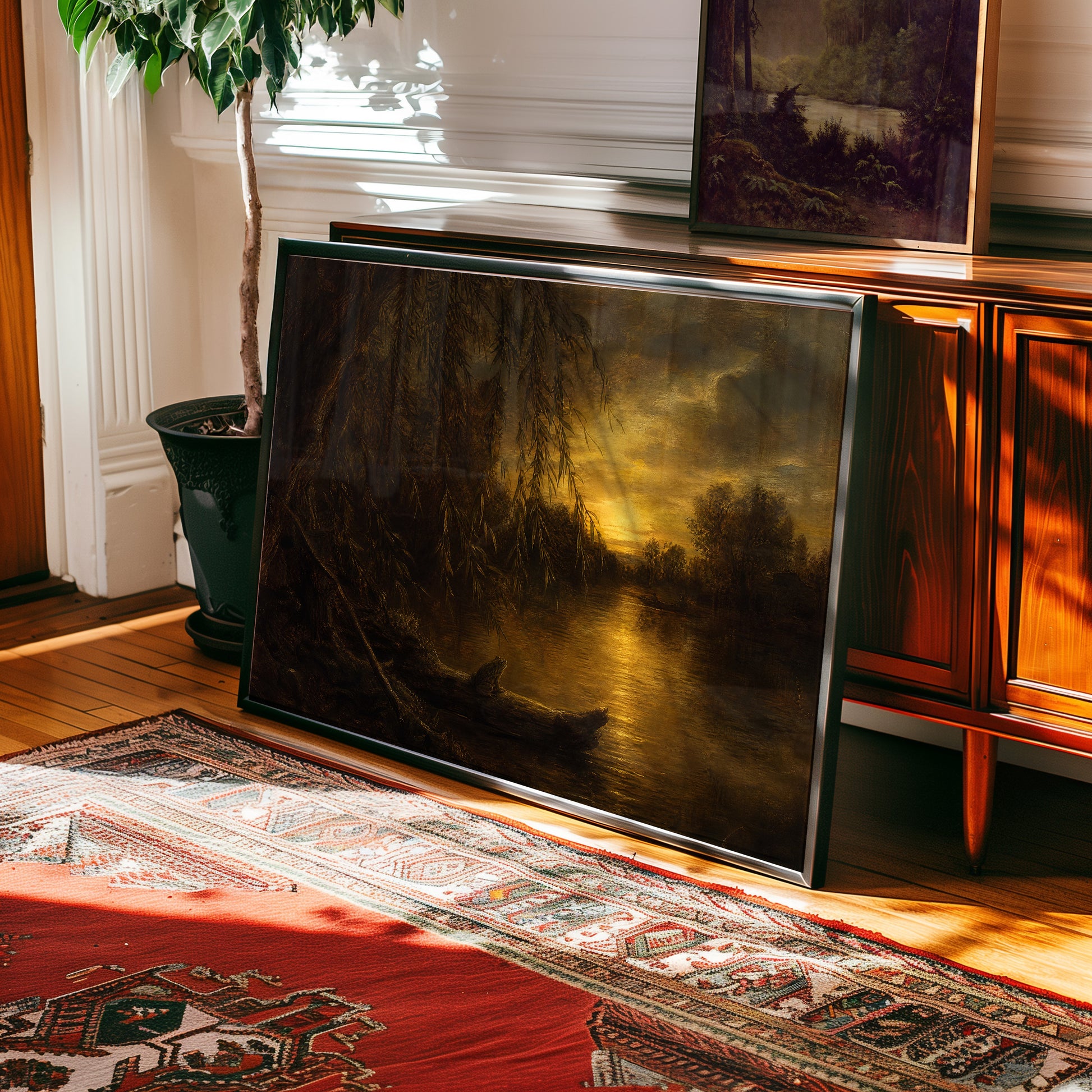 Oil painting of weeping willow branches framing a golden sunset over a still river — view 2