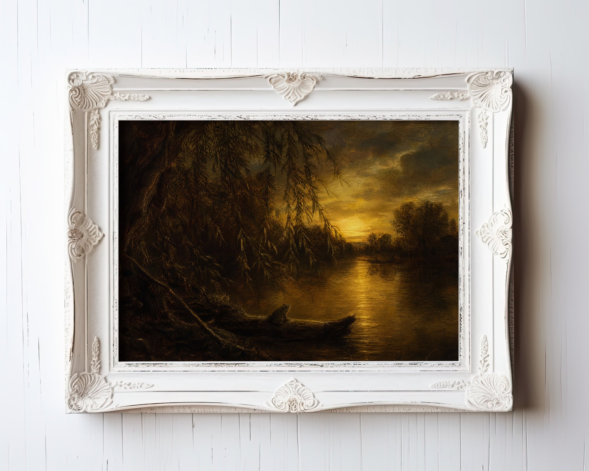 Oil painting of weeping willow branches framing a golden sunset over a still river — view 3