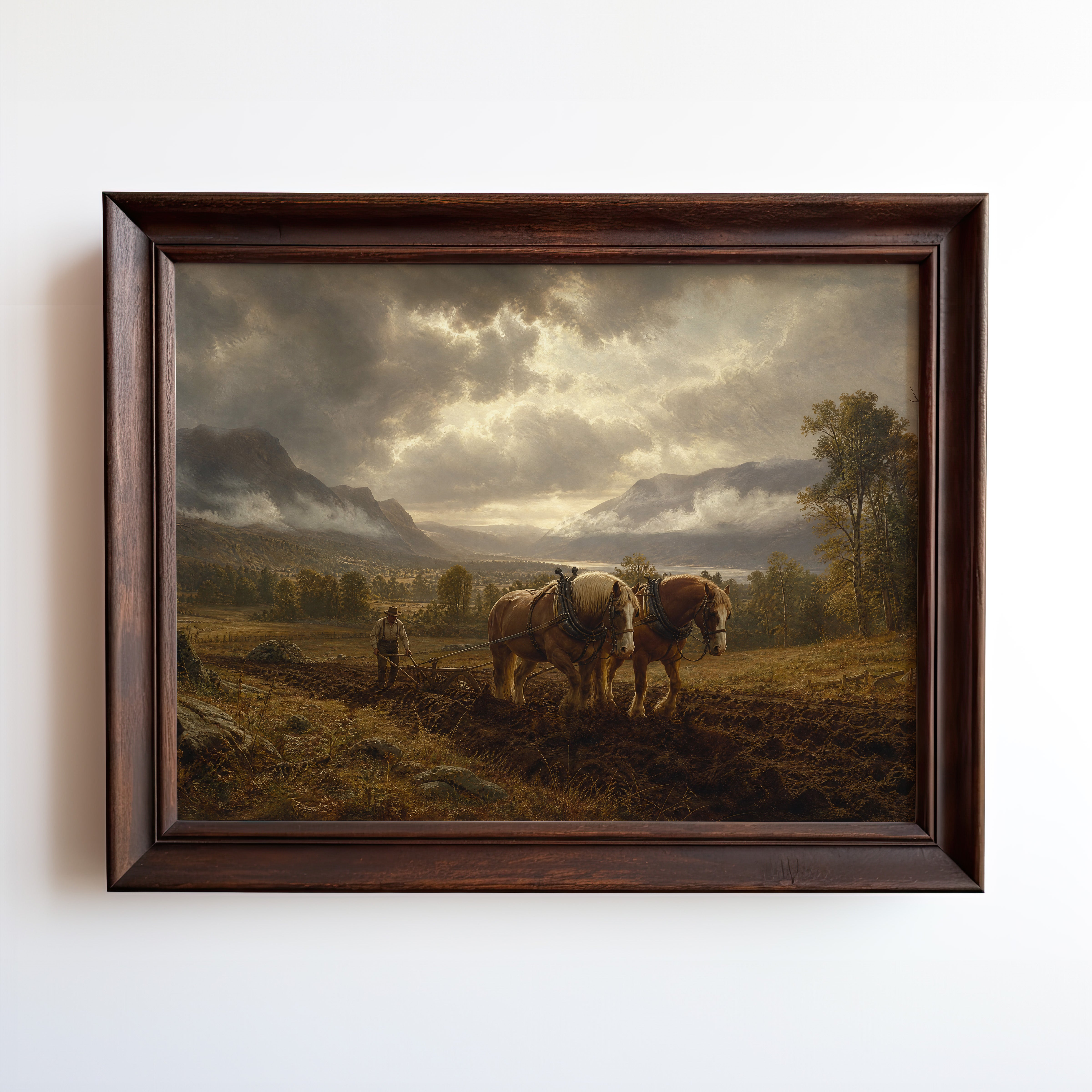 Oil painting of draft horses plowing a mountain valley under storm clouds