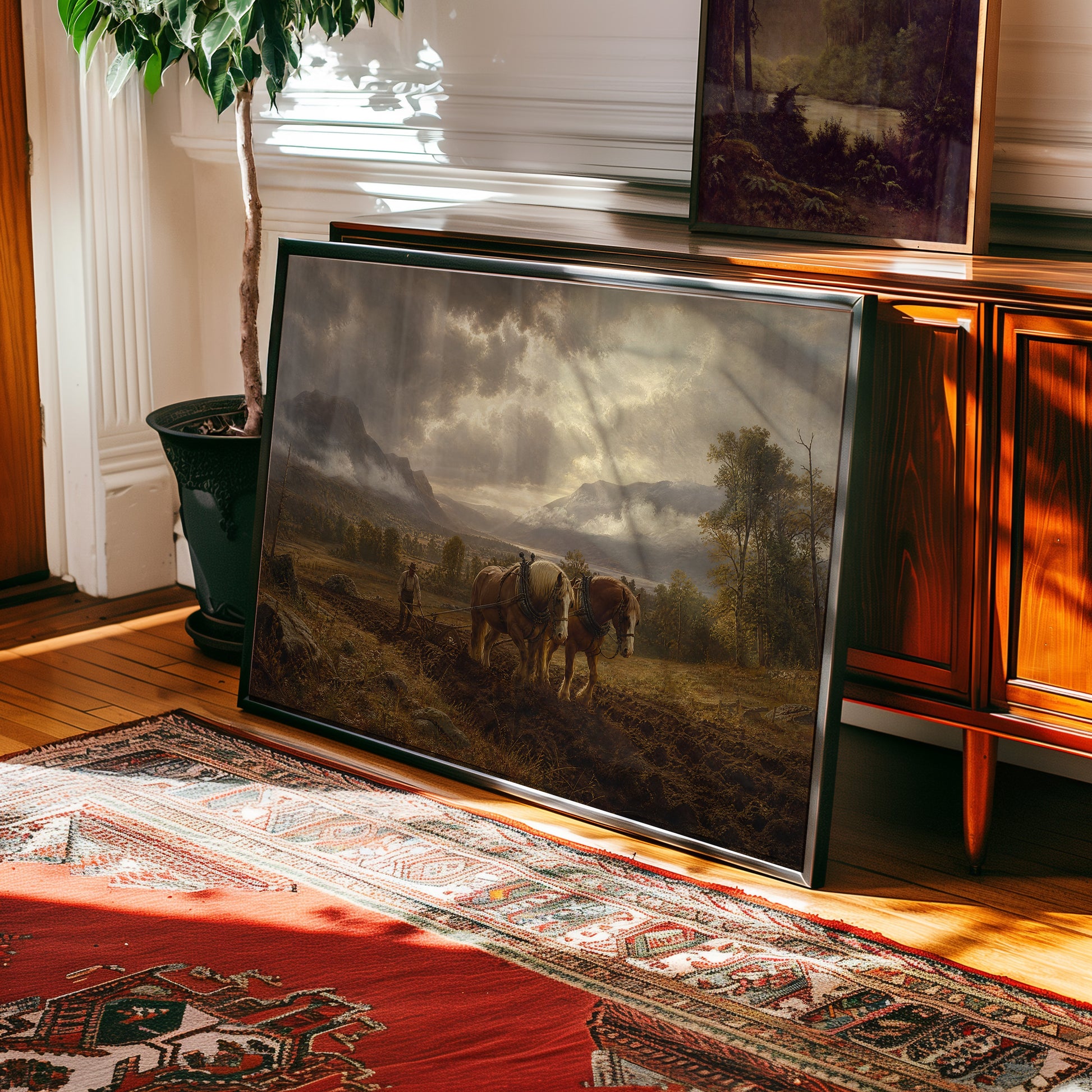 Oil painting of draft horses plowing a mountain valley under storm clouds — view 2