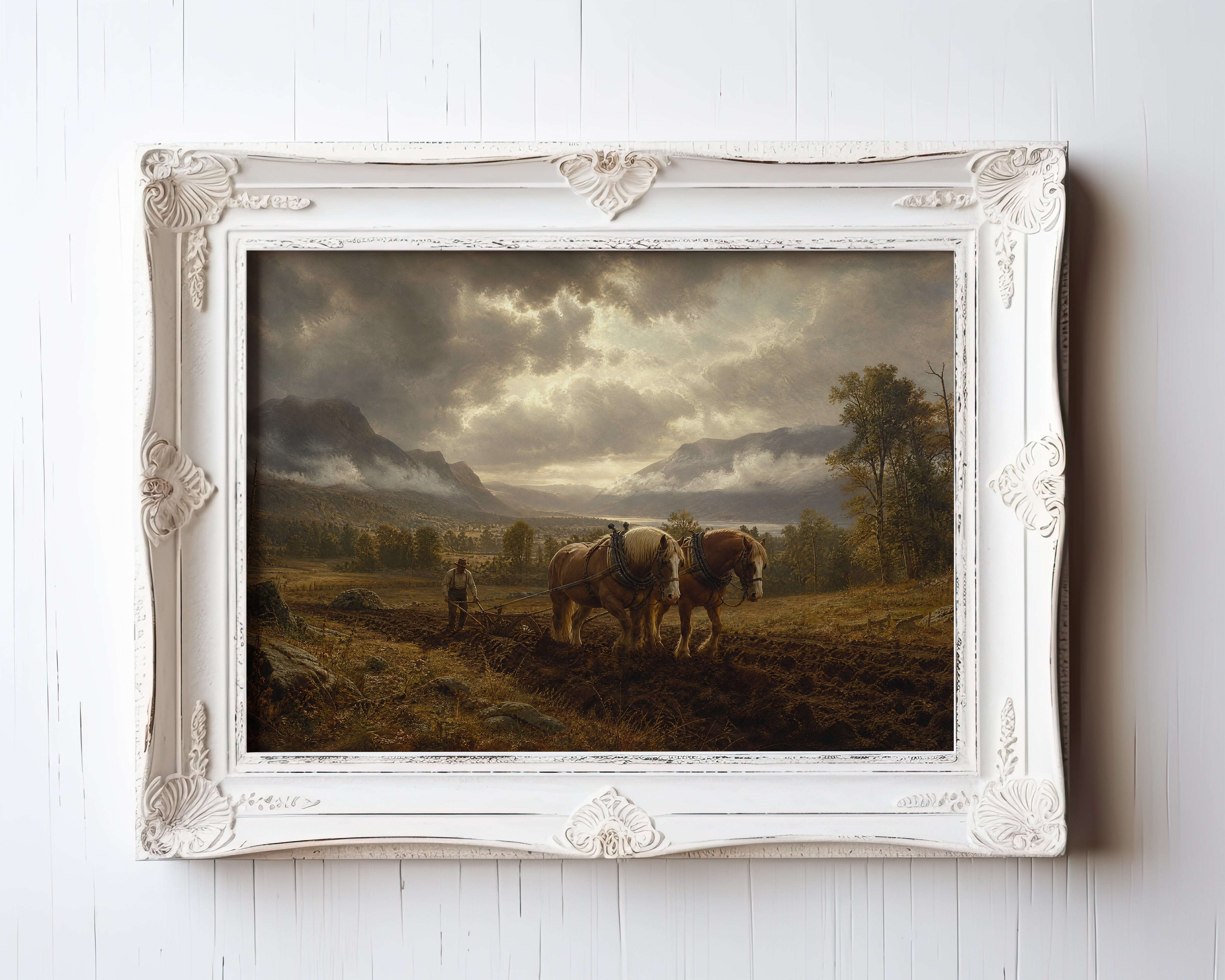 Oil painting of draft horses plowing a mountain valley under storm clouds — view 3