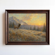 Oil painting of a bull elk in misty mountain valley at golden sunrise