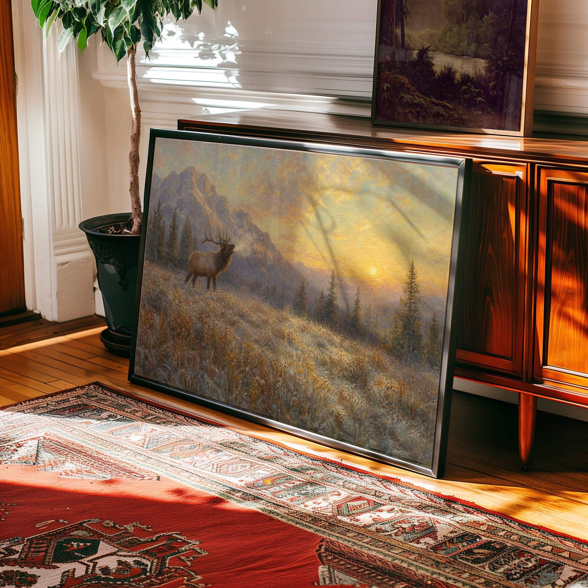 Oil painting of a bull elk in misty mountain valley at golden sunrise — view 2