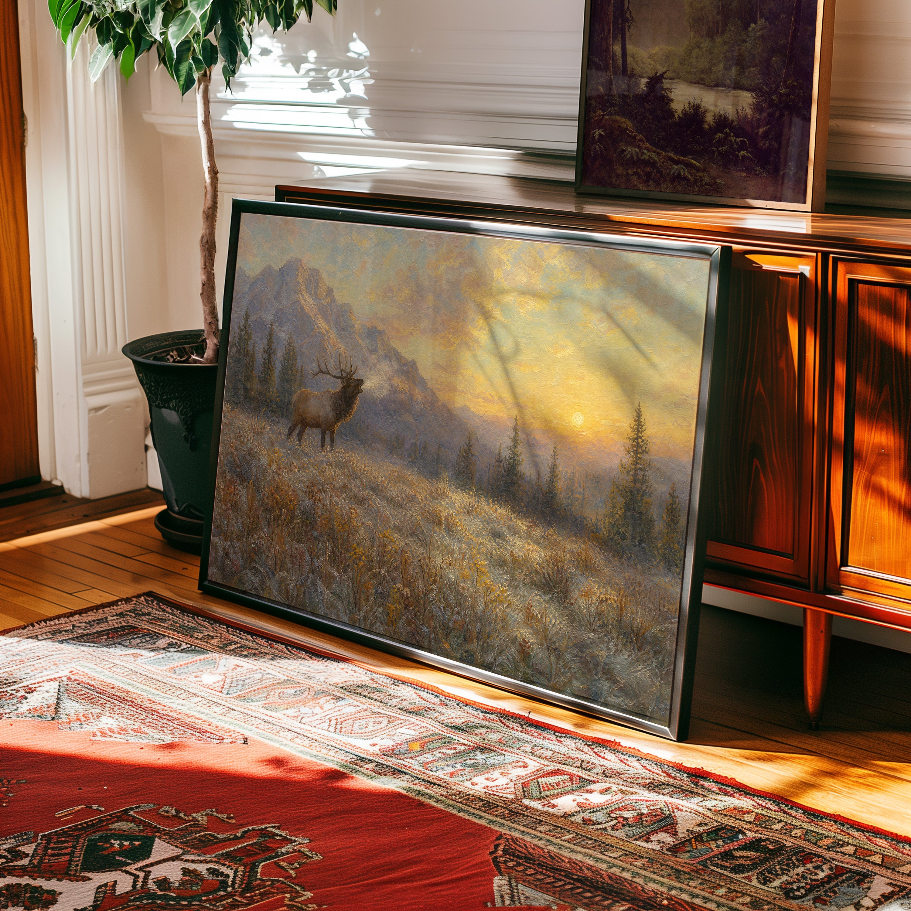 Oil painting of a bull elk in misty mountain valley at golden sunrise — view 2