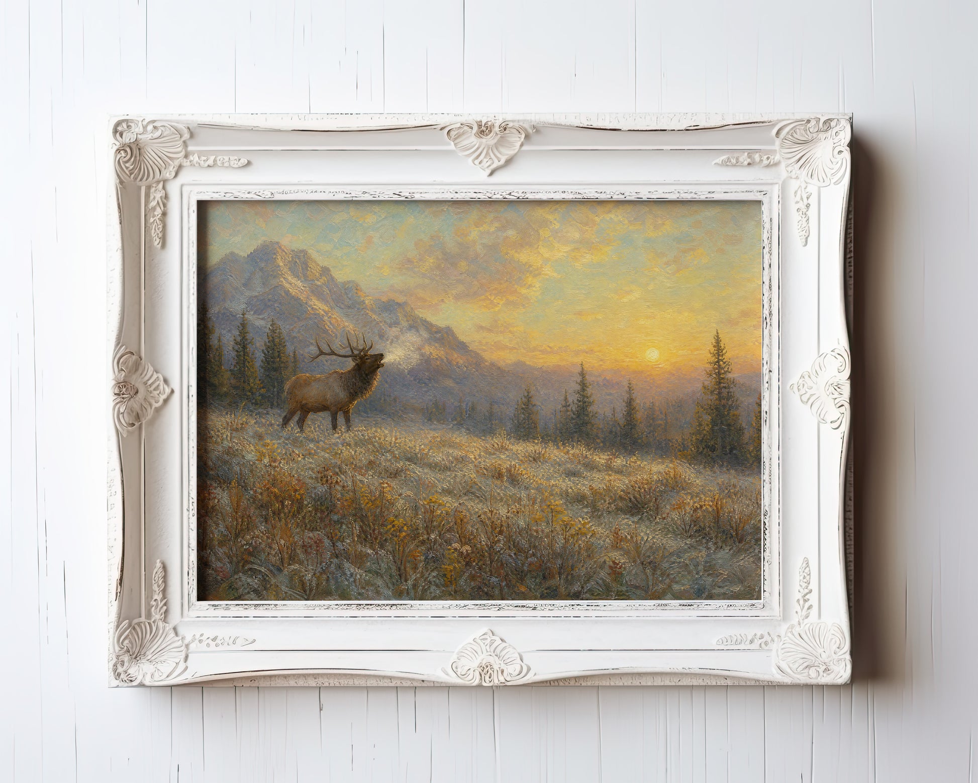 Oil painting of a bull elk in misty mountain valley at golden sunrise — view 3