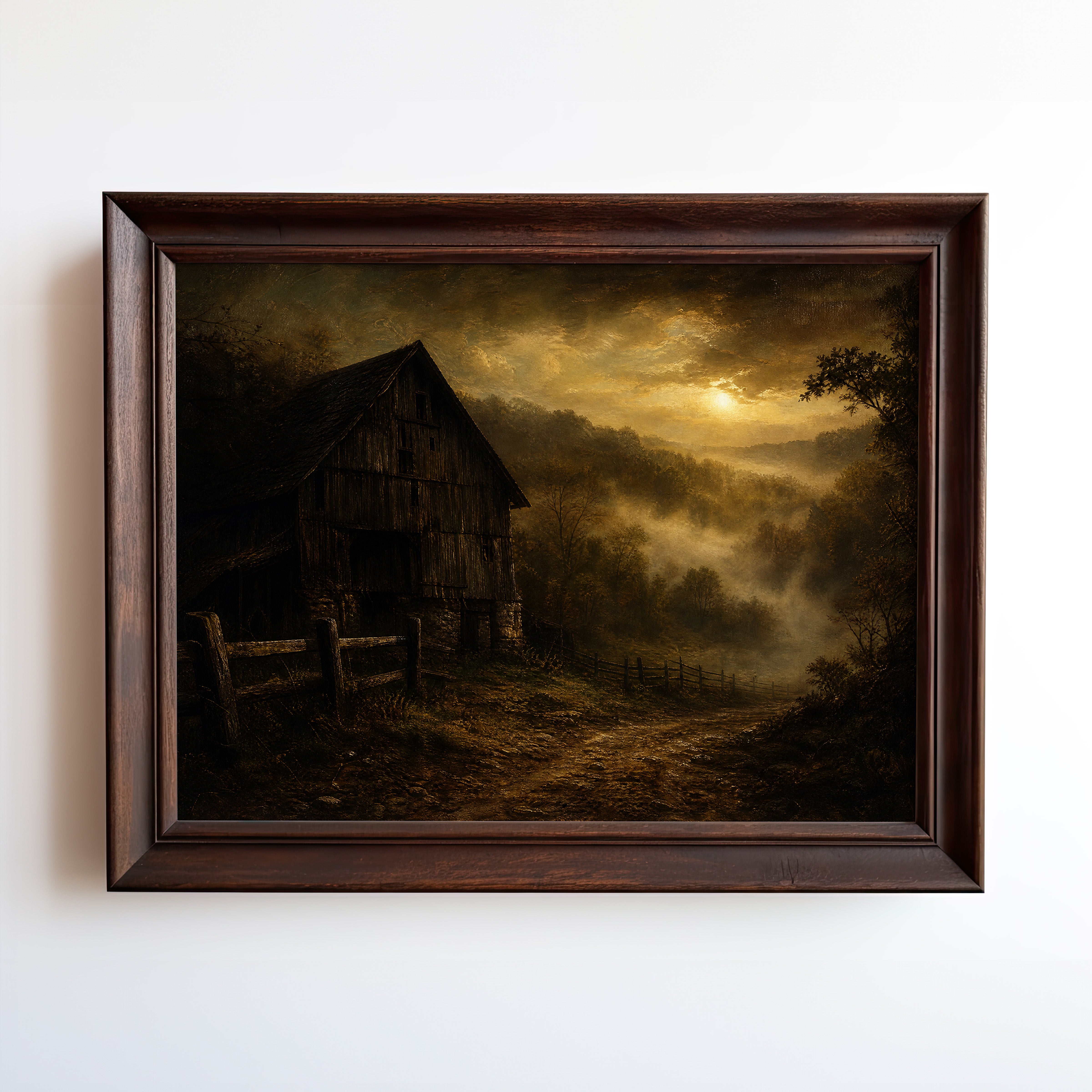 Oil painting print of an abandoned cabin glowing through misty forest at golden dawn