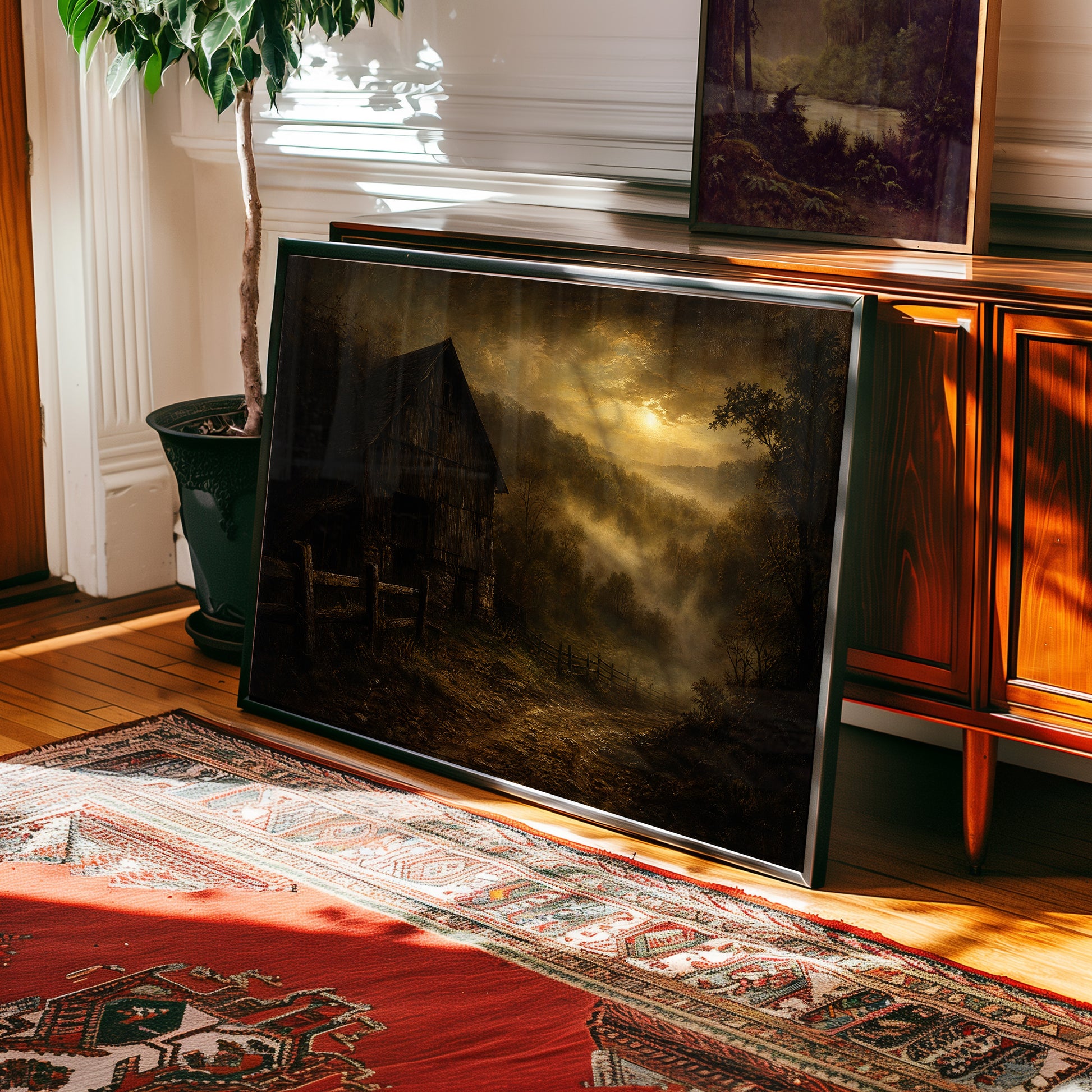 Oil painting print of an abandoned cabin glowing through misty forest at golden dawn — view 2