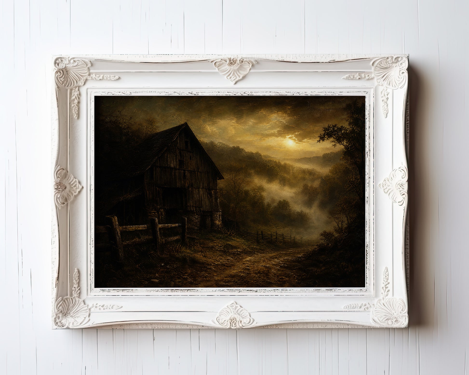Oil painting print of an abandoned cabin glowing through misty forest at golden dawn — view 3
