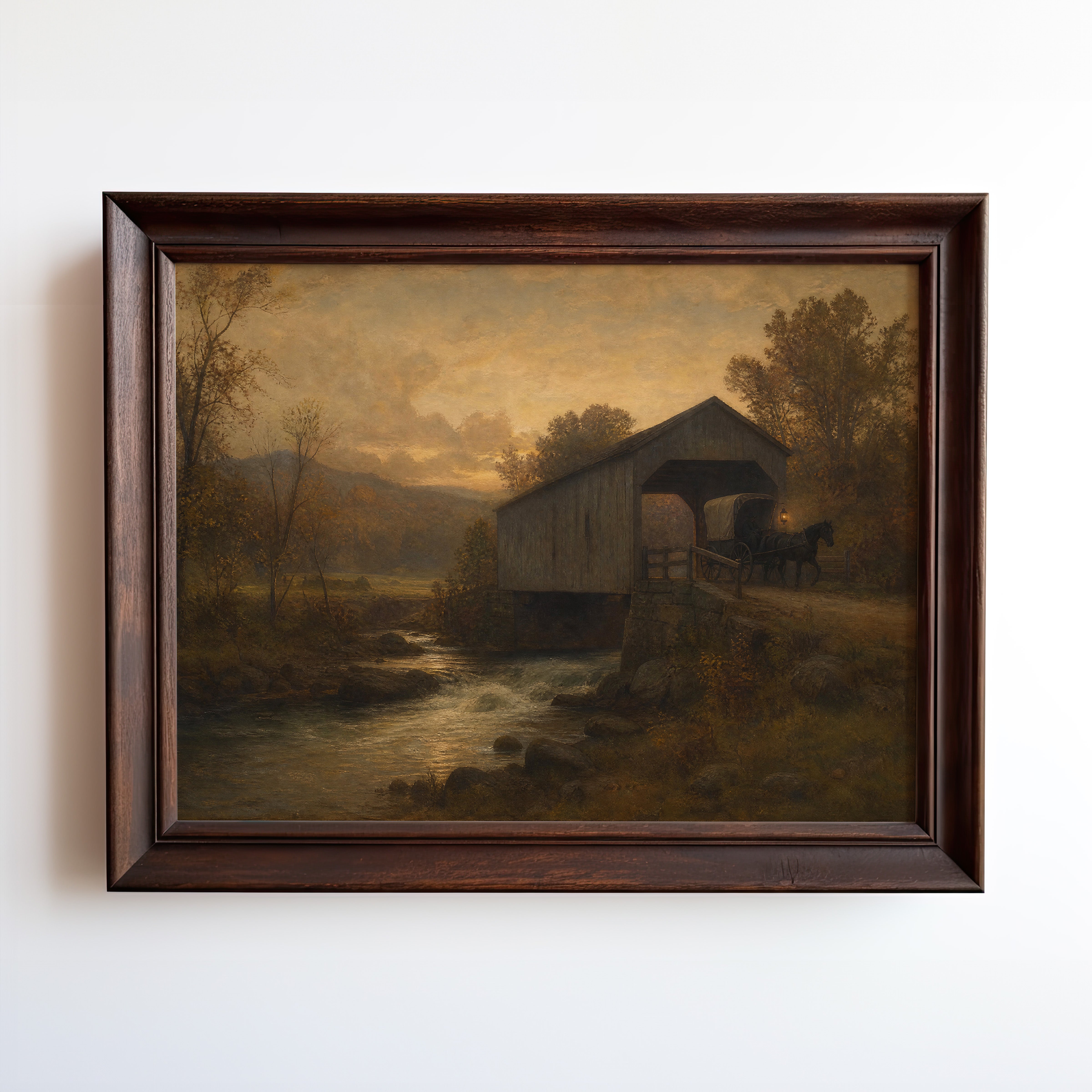 Oil painting print of a covered bridge with horse and carriage at golden hour, autumn trees