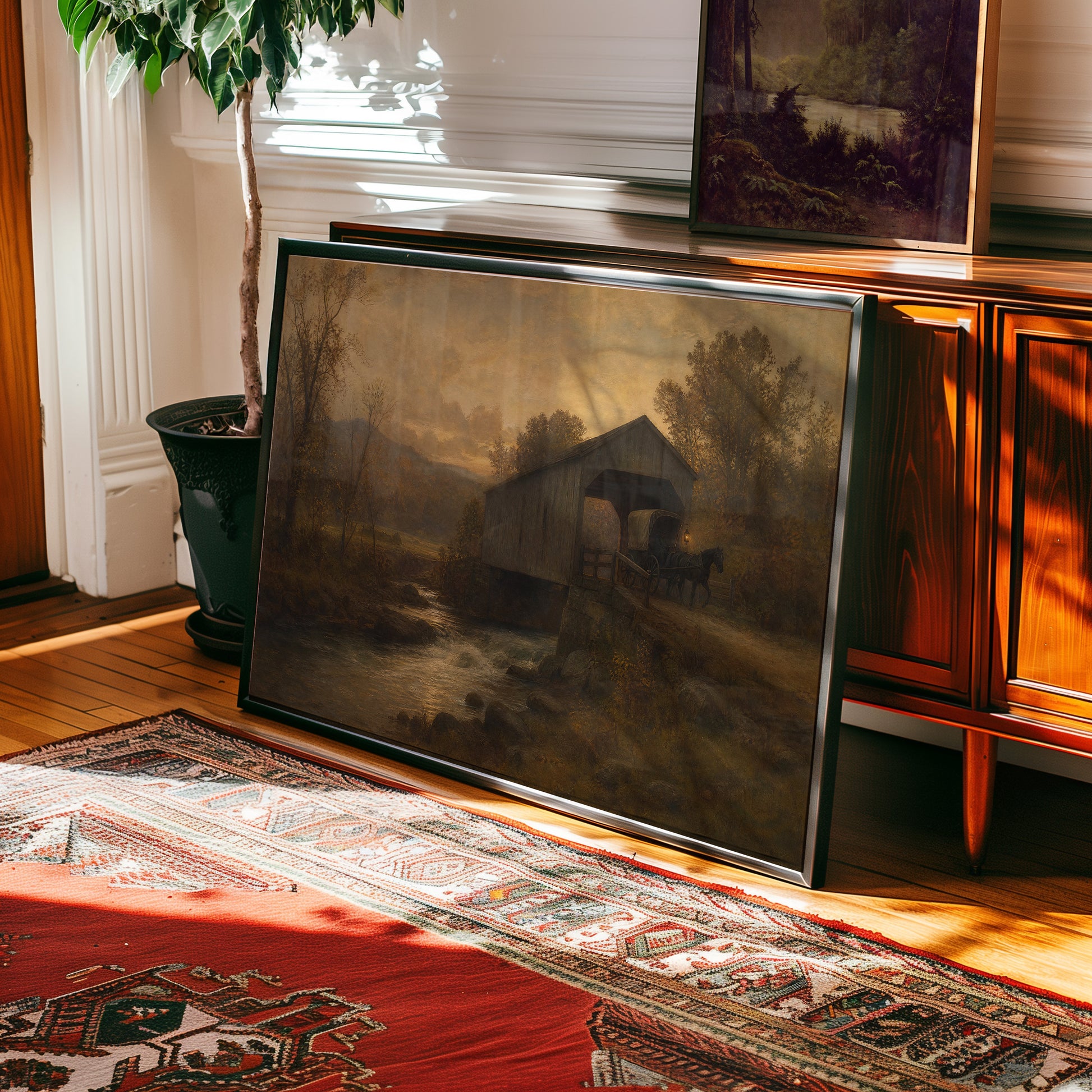 Oil painting print of a covered bridge with horse and carriage at golden hour, autumn trees — view 2