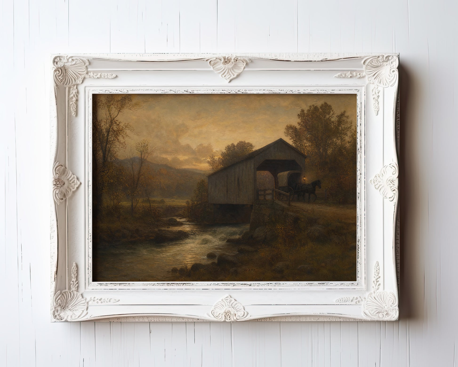 Oil painting print of a covered bridge with horse and carriage at golden hour, autumn trees — view 3