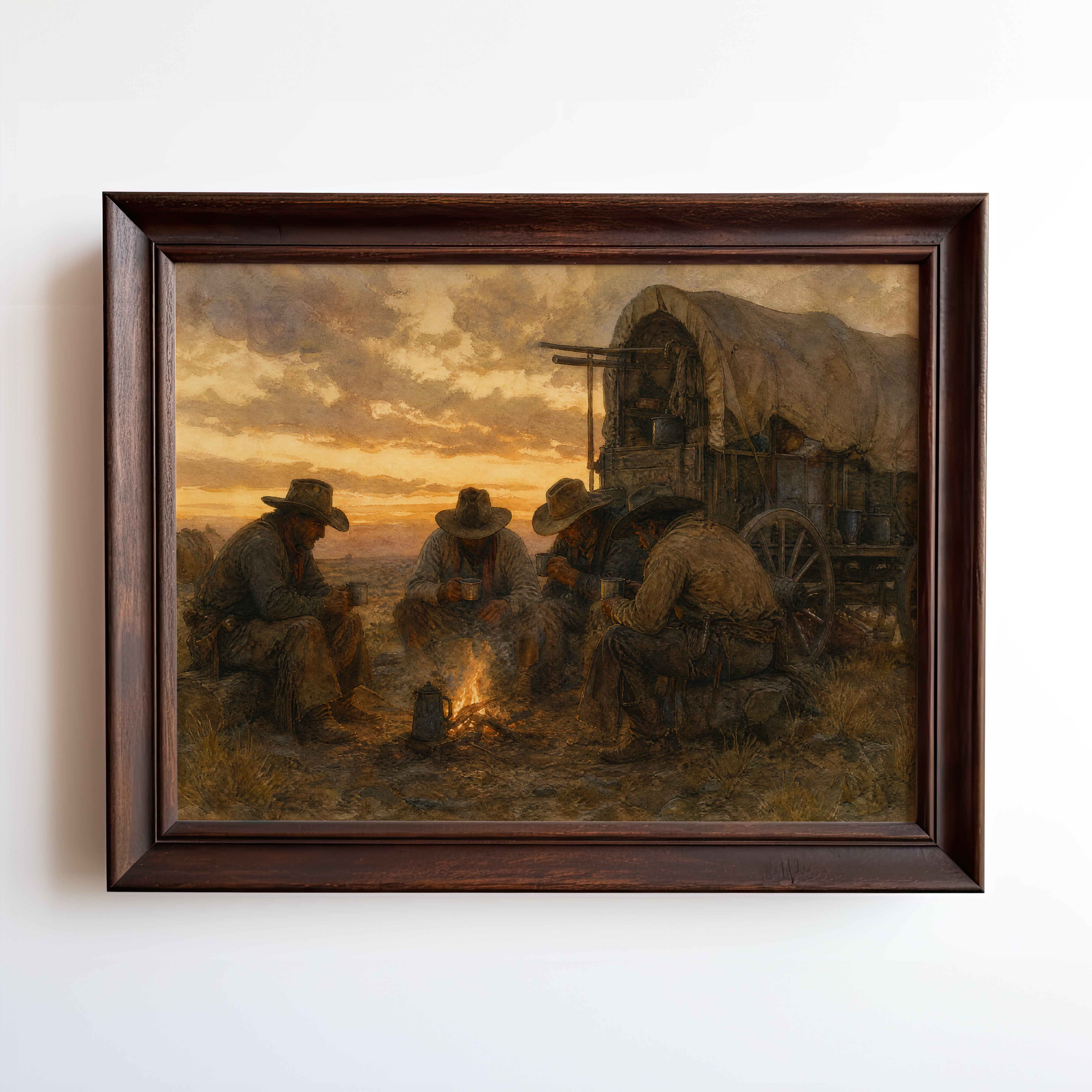 Oil painting of cowboys at campfire beside covered wagon at sunset