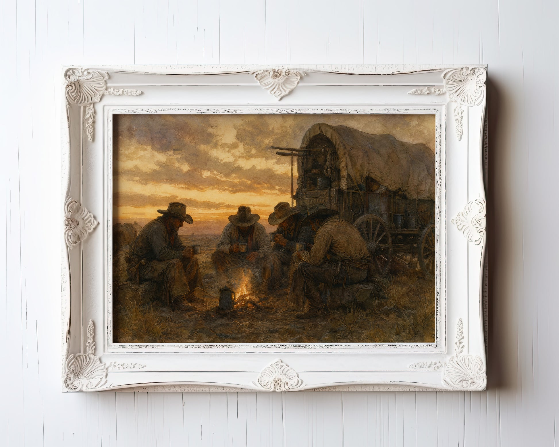 Oil painting of cowboys at campfire beside covered wagon at sunset — view 3