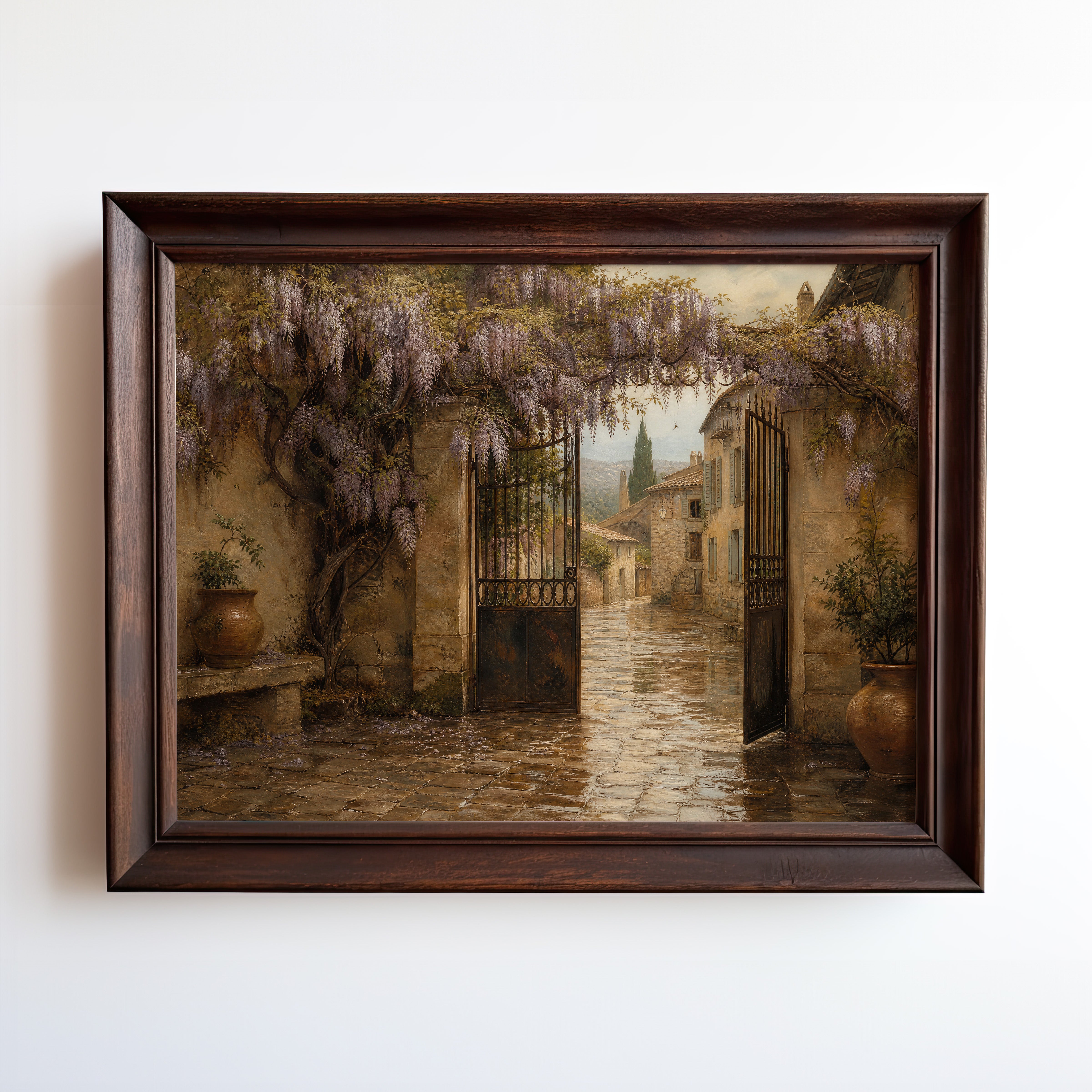 Oil painting of a Tuscan villa courtyard with cascading wisteria and stone walls