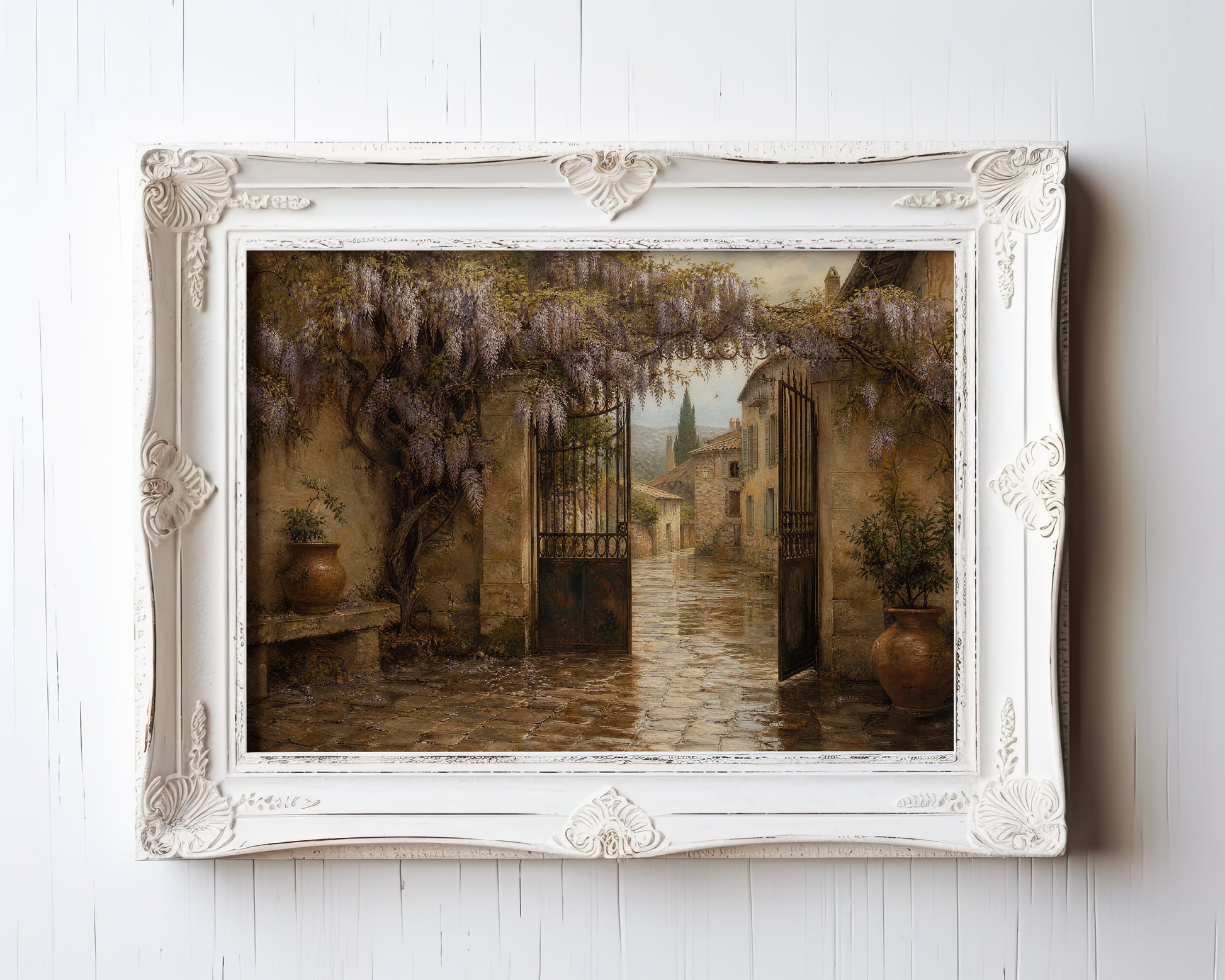 Oil painting of a Tuscan villa courtyard with cascading wisteria and stone walls — view 3