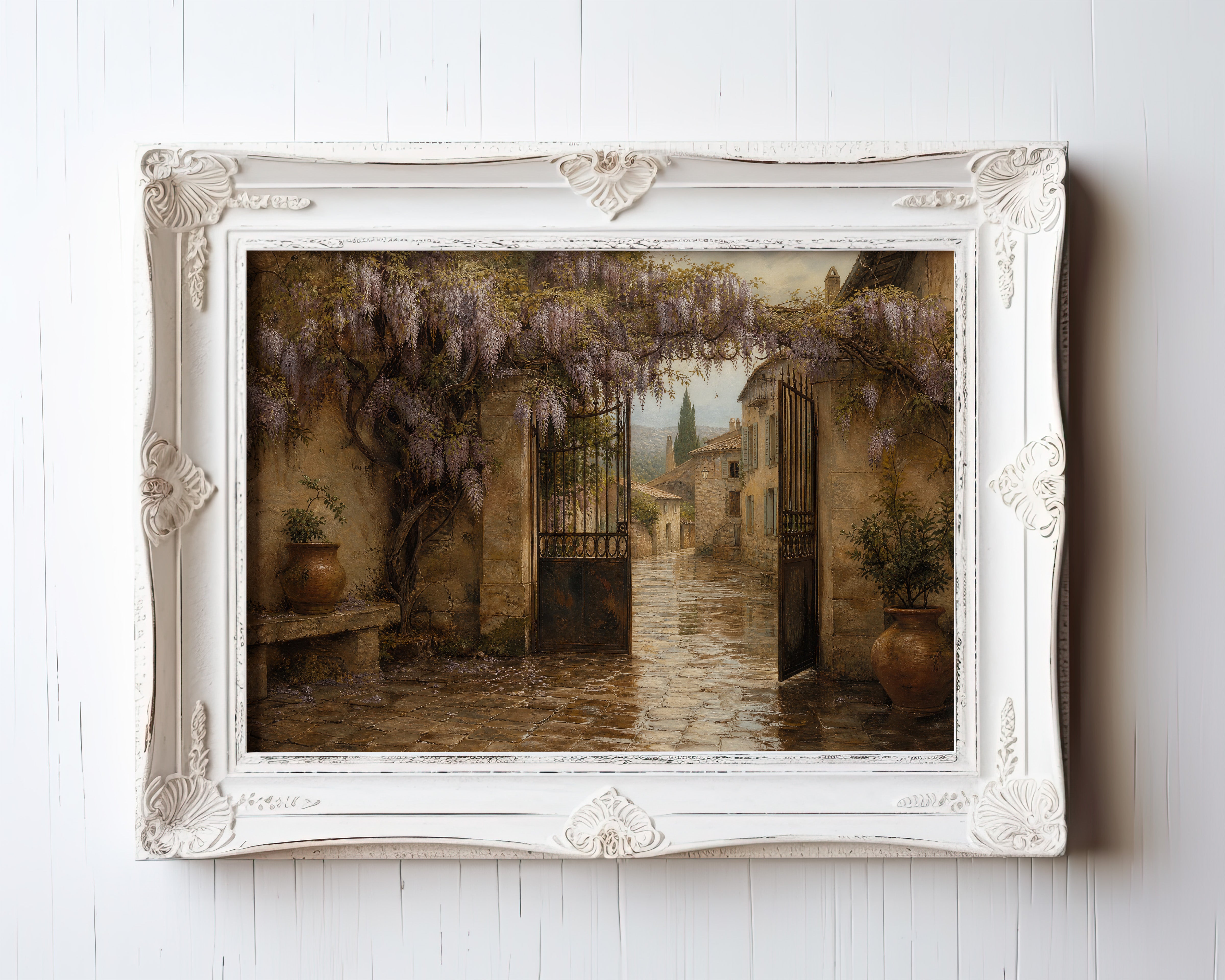 Oil painting of a Tuscan villa courtyard with cascading wisteria and stone walls — view 3