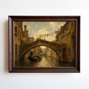 Oil painting print of a gondolier passing under a weathered stone bridge in Venice at golden hour