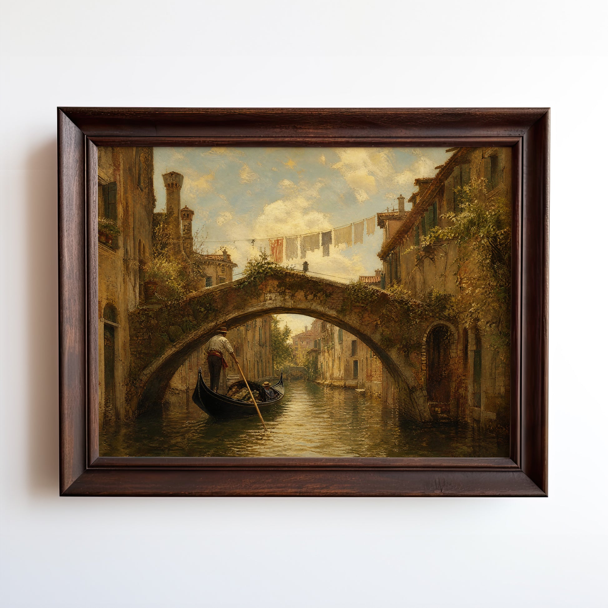 Oil painting print of a gondolier passing under a weathered stone bridge in Venice at golden hour