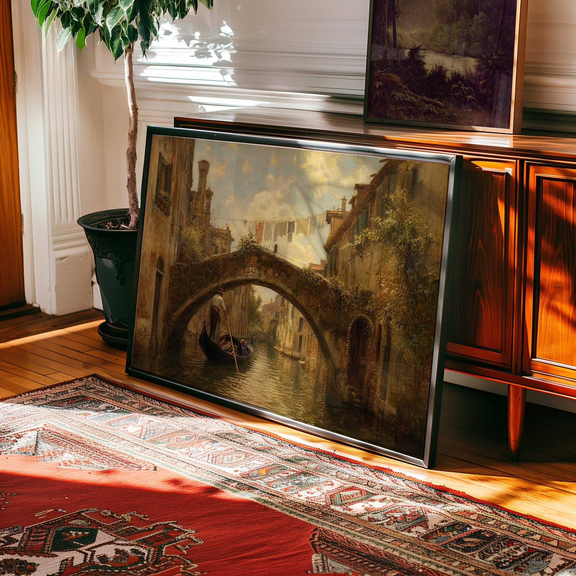 Oil painting print of a gondolier passing under a weathered stone bridge in Venice at golden hour — view 2