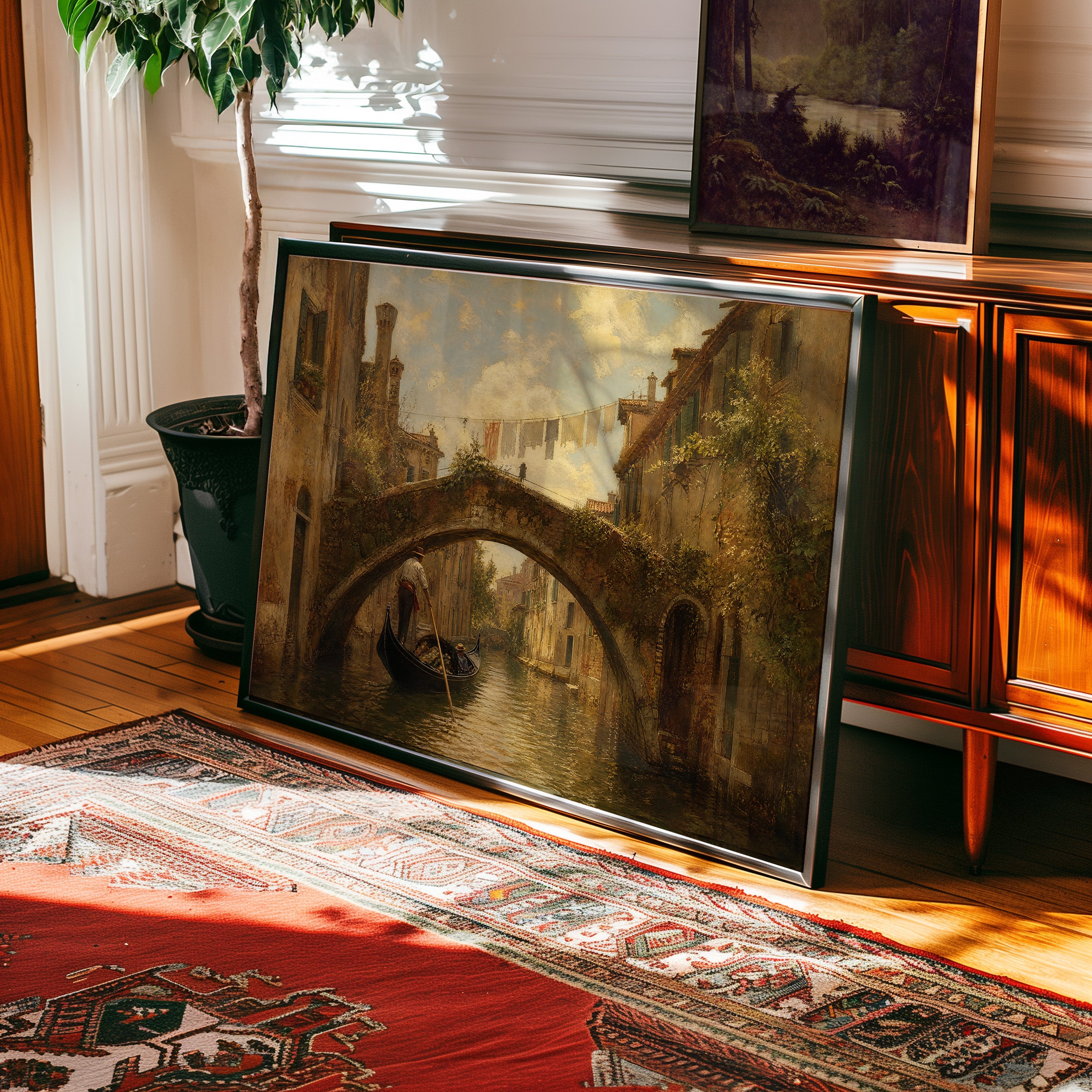 Oil painting print of a gondolier passing under a weathered stone bridge in Venice at golden hour — view 2
