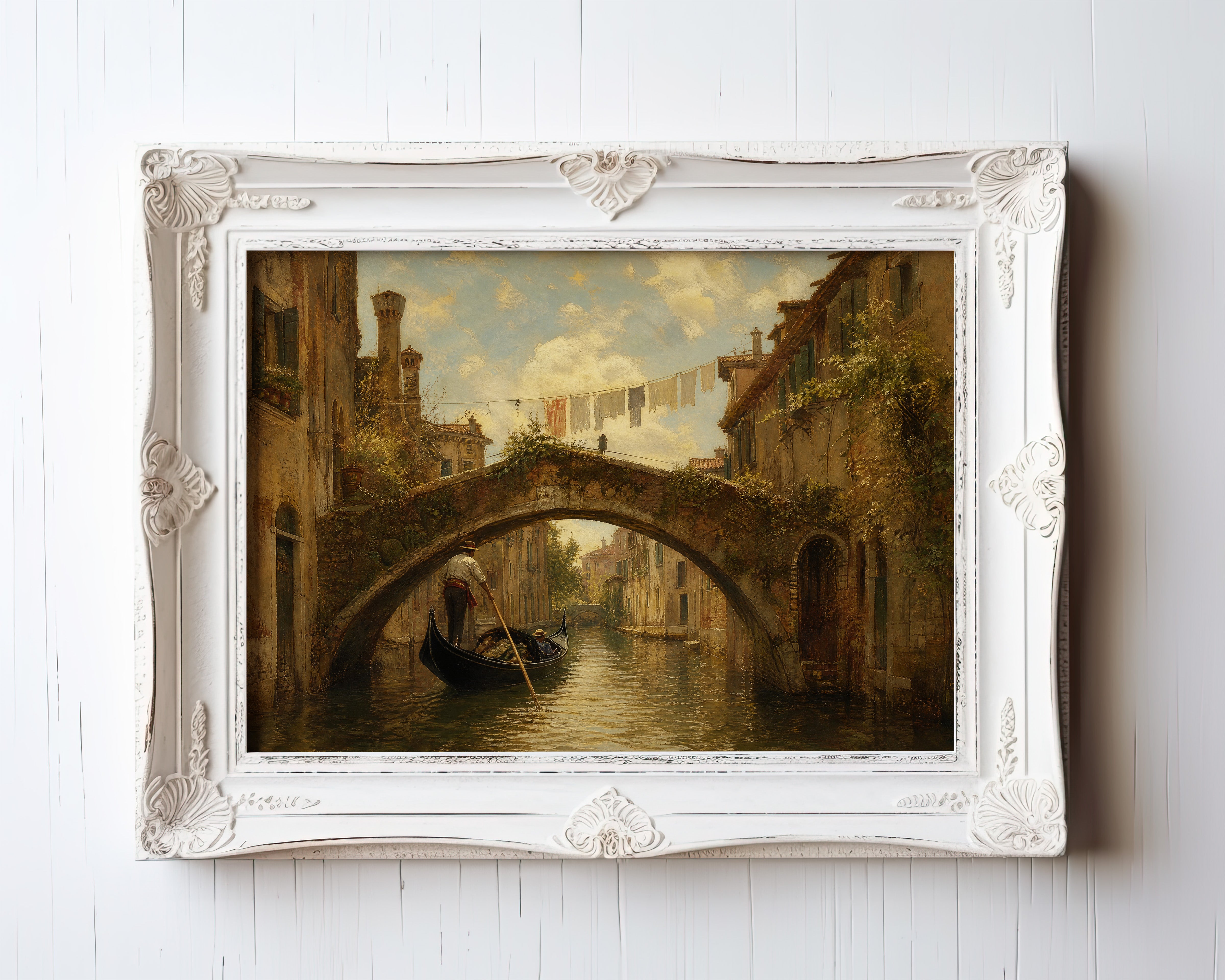 Oil painting print of a gondolier passing under a weathered stone bridge in Venice at golden hour — view 3
