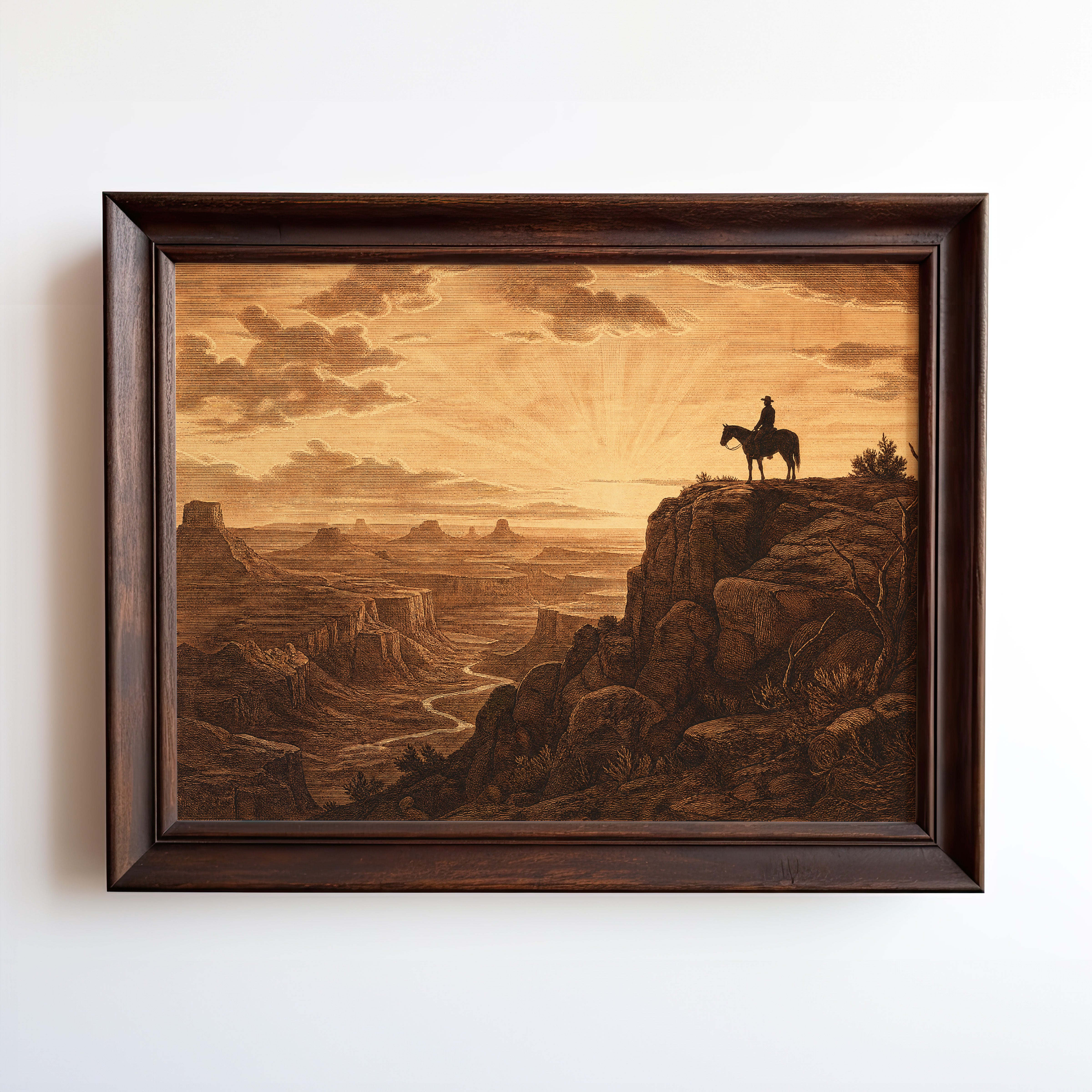 Etching-style print of a cowboy on horseback silhouetted against a sunrise canyon
