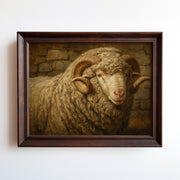 Oil painting of a ram with curved horns against a stone wall in warm ochre tones