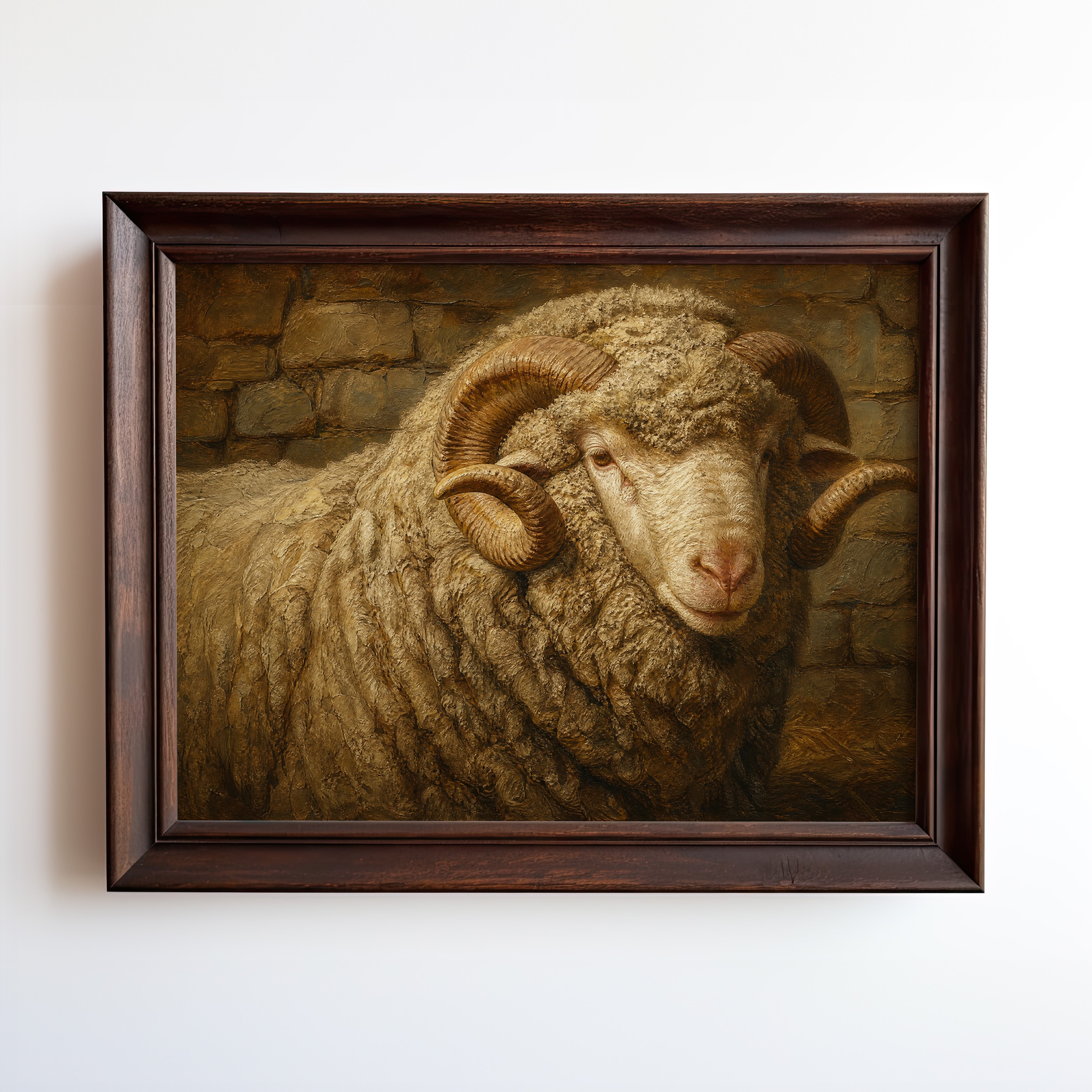 Oil painting of a ram with curved horns against a stone wall in warm ochre tones