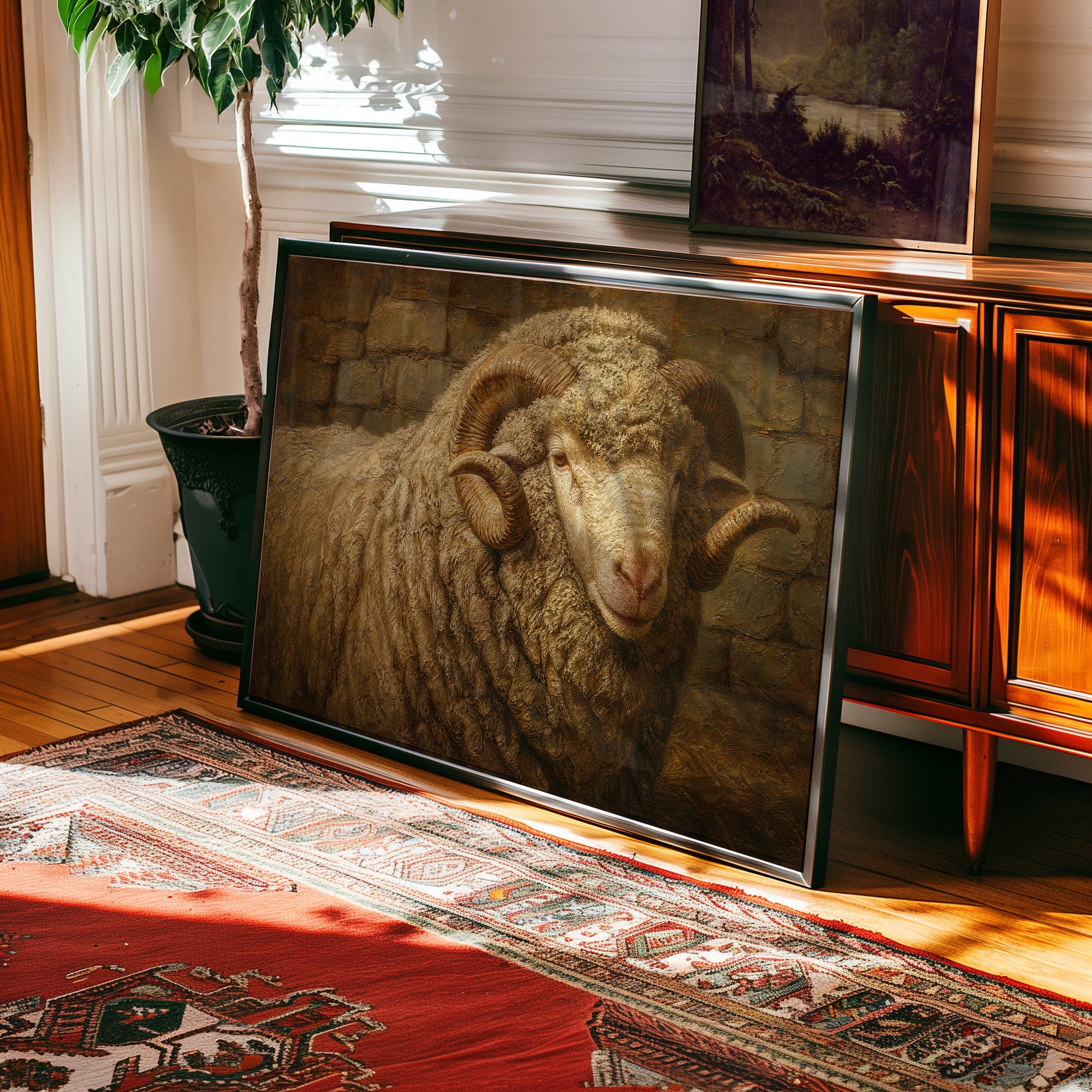 Oil painting of a ram with curved horns against a stone wall in warm ochre tones — view 2