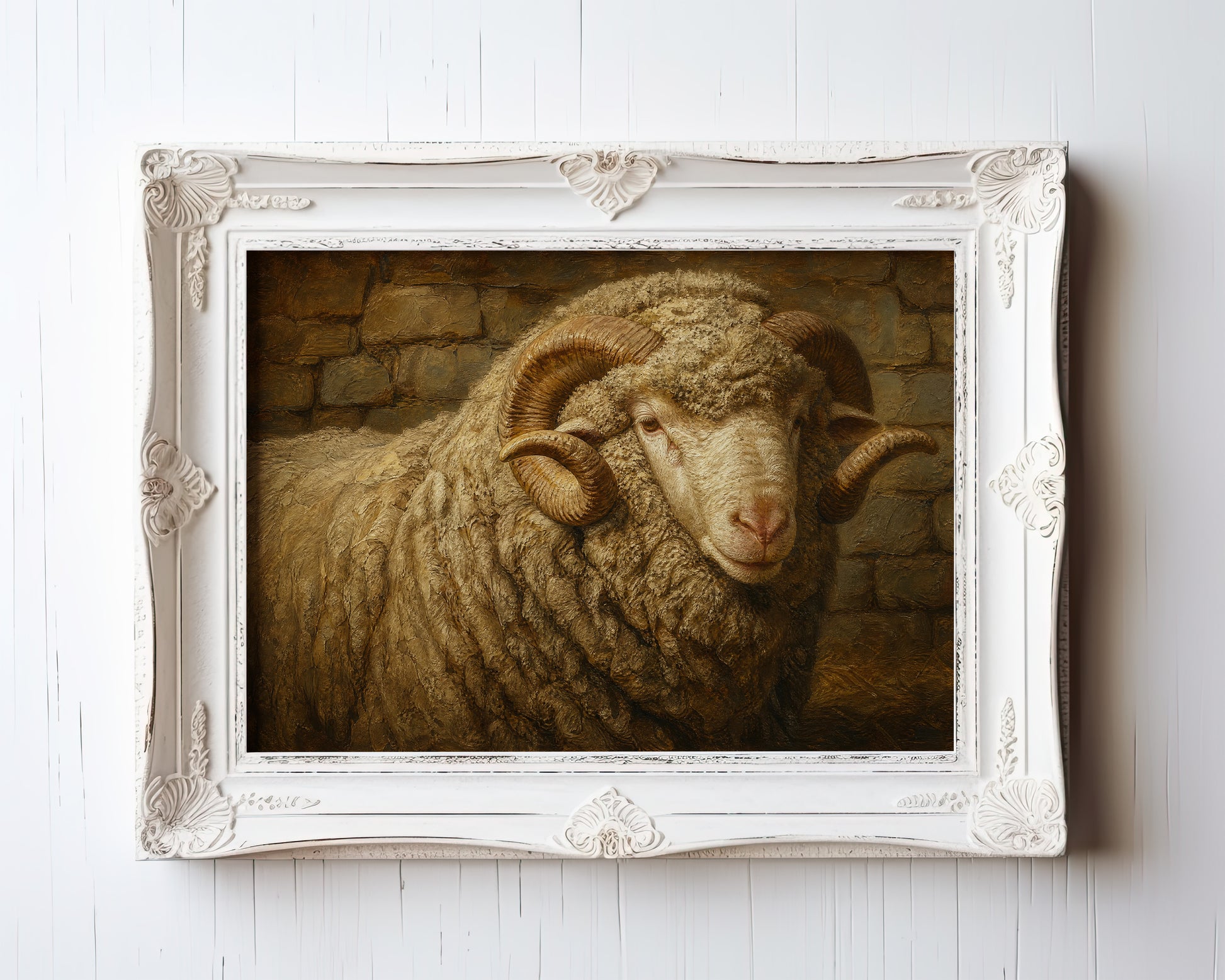Oil painting of a ram with curved horns against a stone wall in warm ochre tones — view 3
