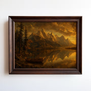 Oil painting of a mountain lake at golden hour with moored canoe and mirrored peaks