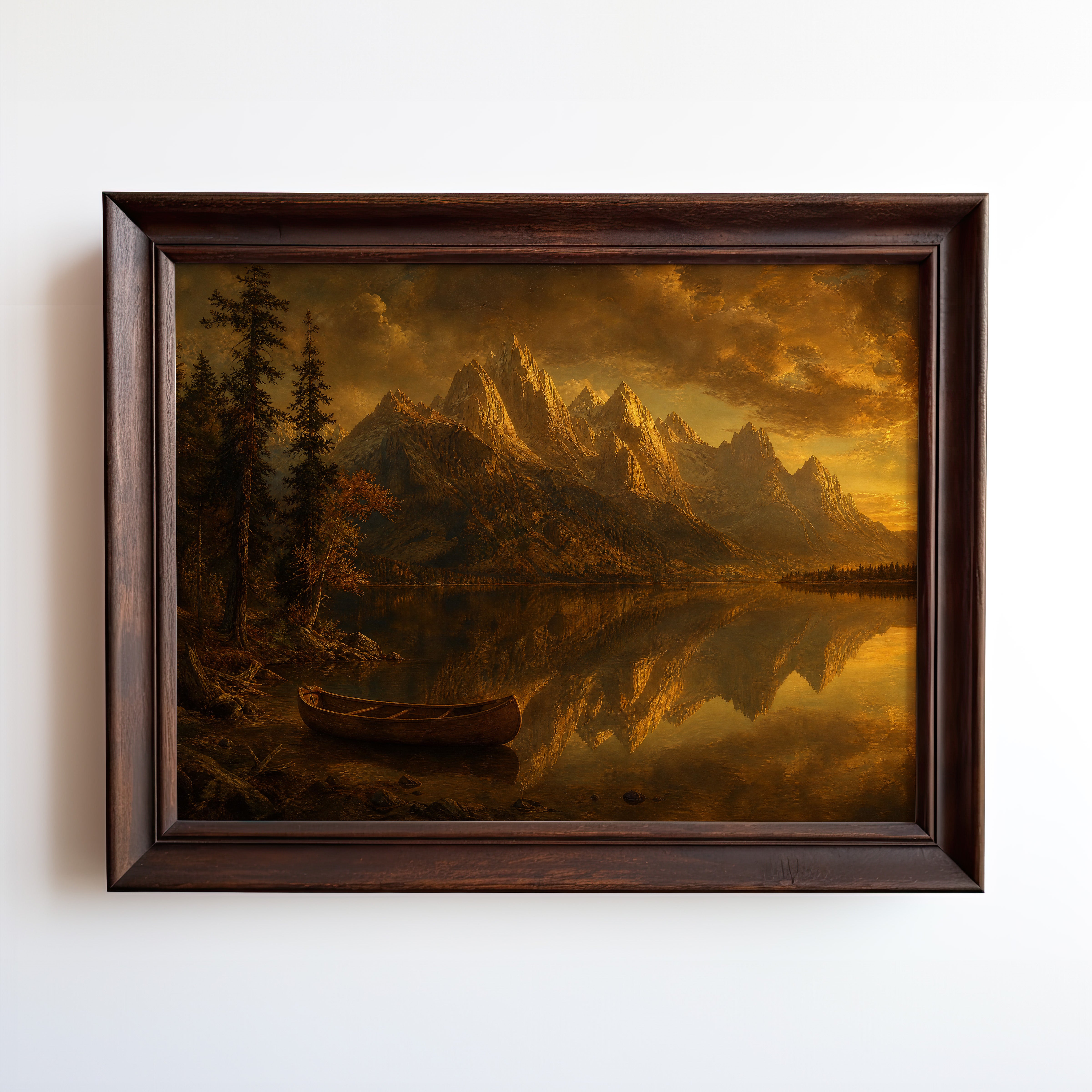 Oil painting of a mountain lake at golden hour with moored canoe and mirrored peaks