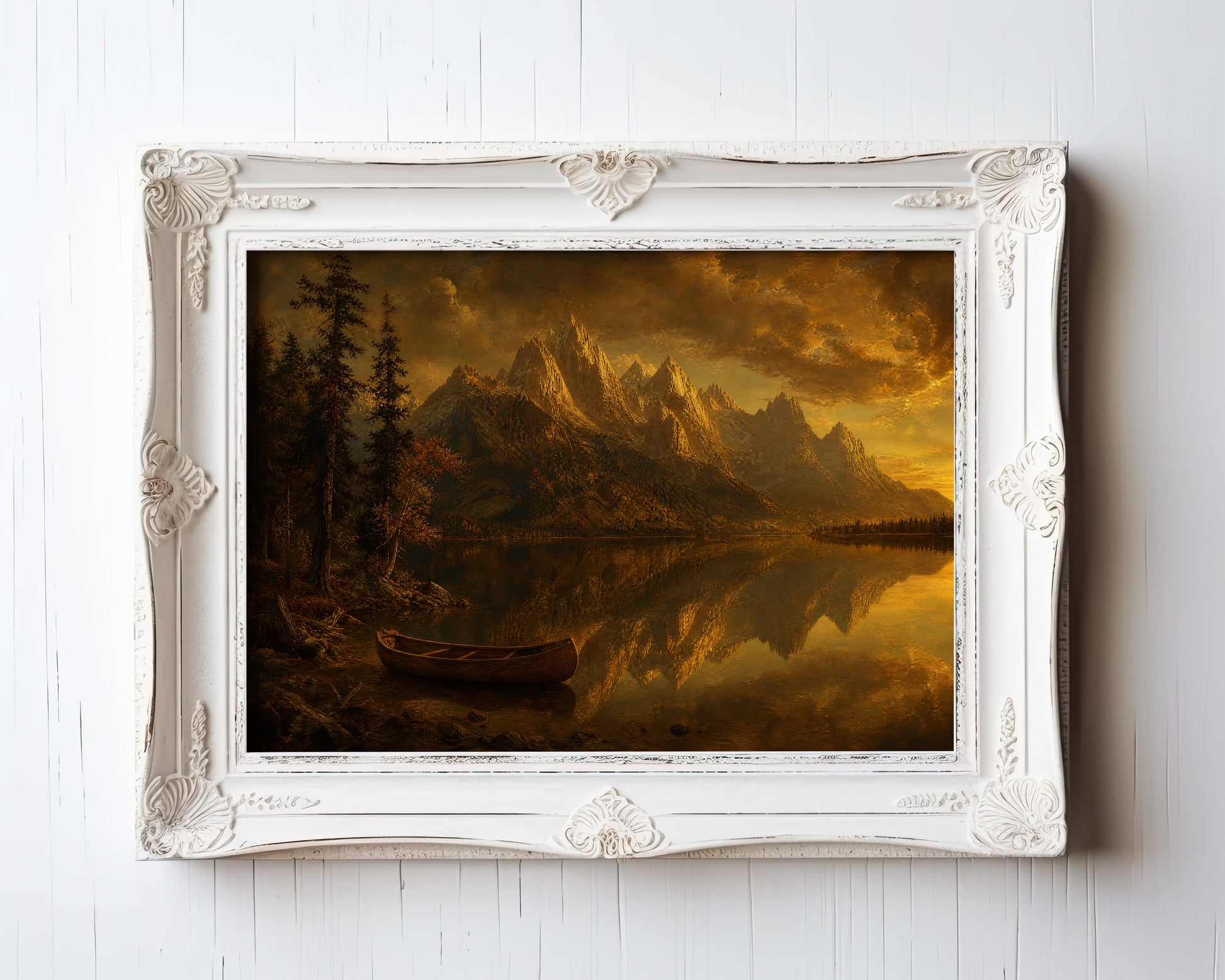 Oil painting of a mountain lake at golden hour with moored canoe and mirrored peaks — view 3