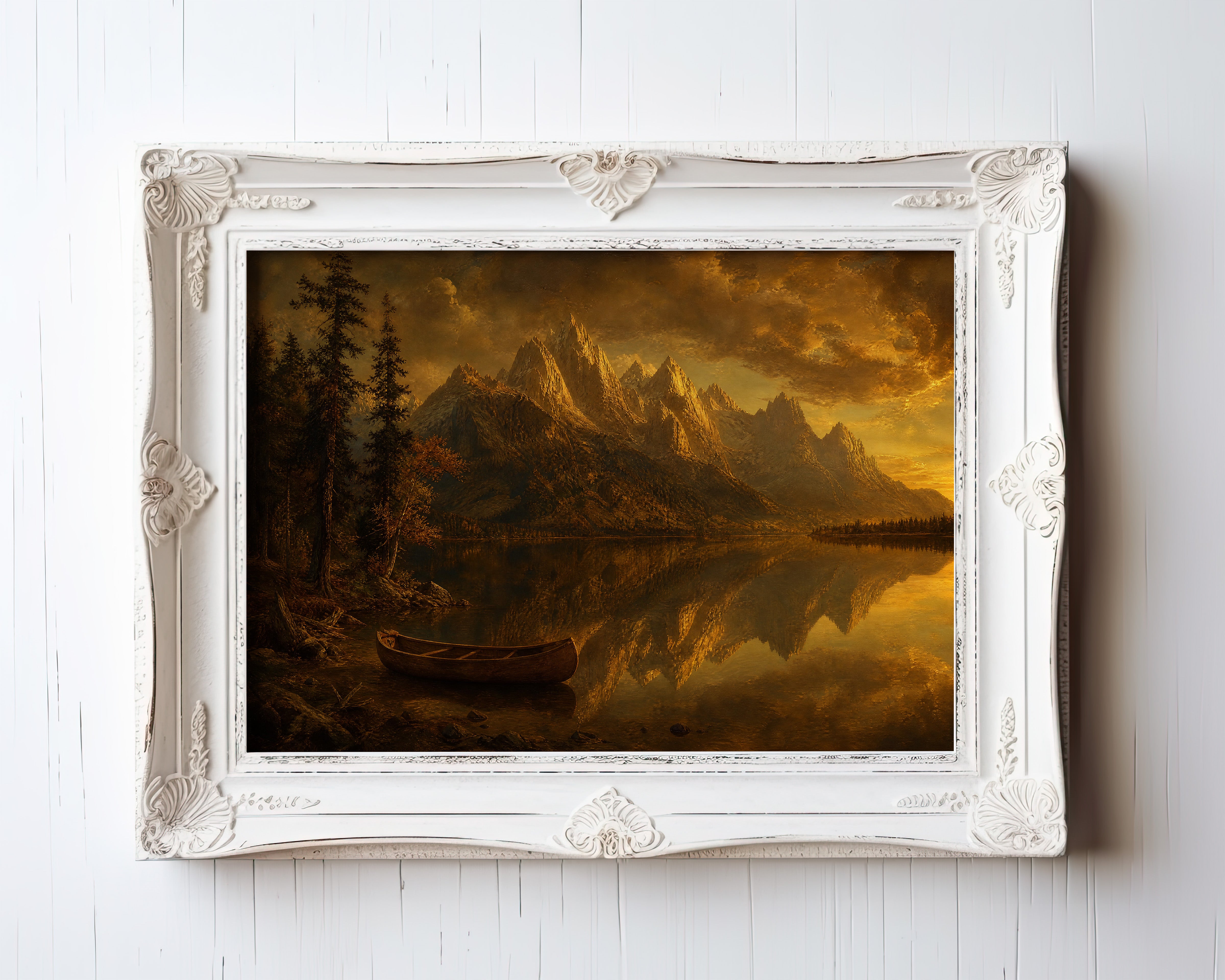 Oil painting of a mountain lake at golden hour with moored canoe and mirrored peaks — view 3