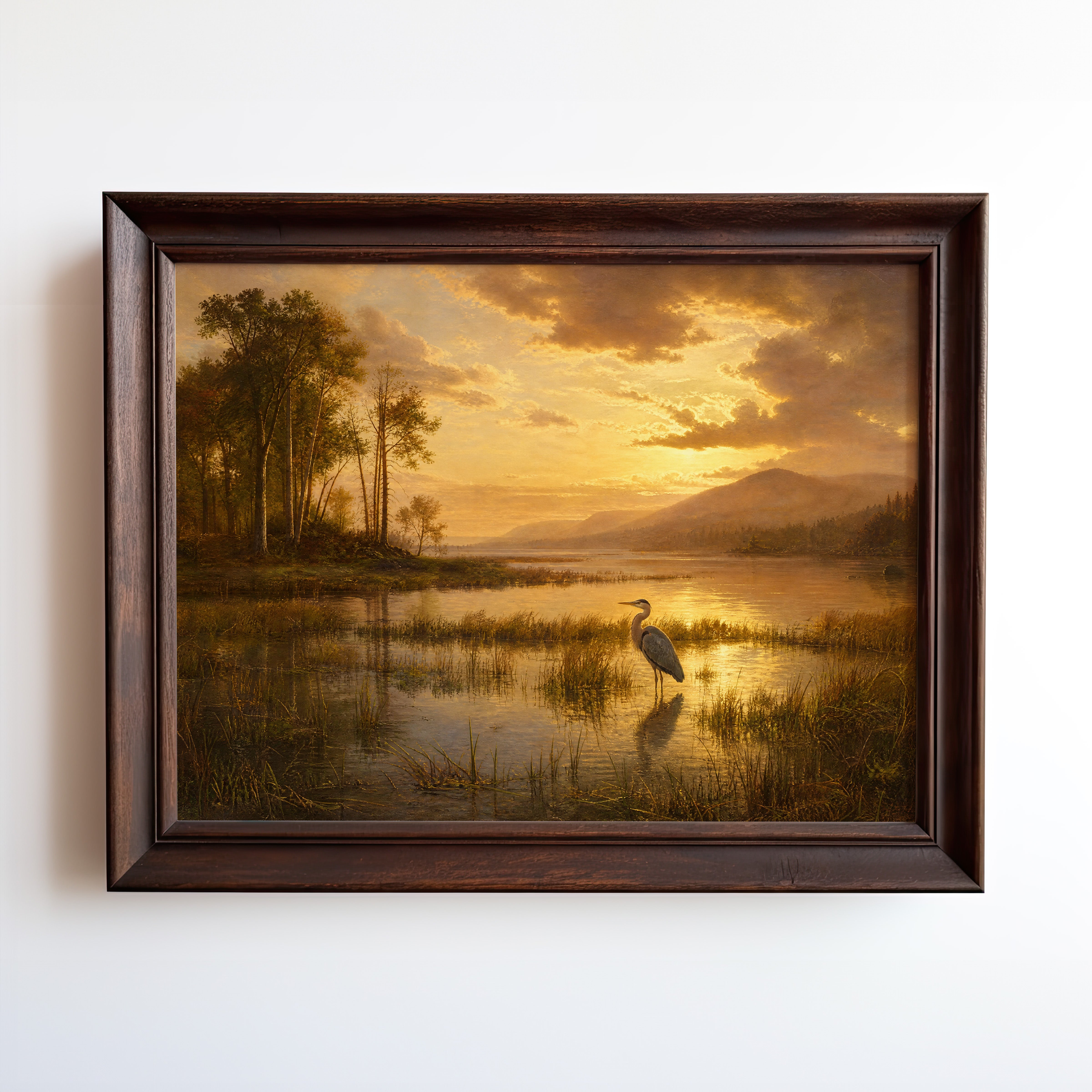 Oil painting of a heron wading in a golden marsh at sunrise with distant mountains