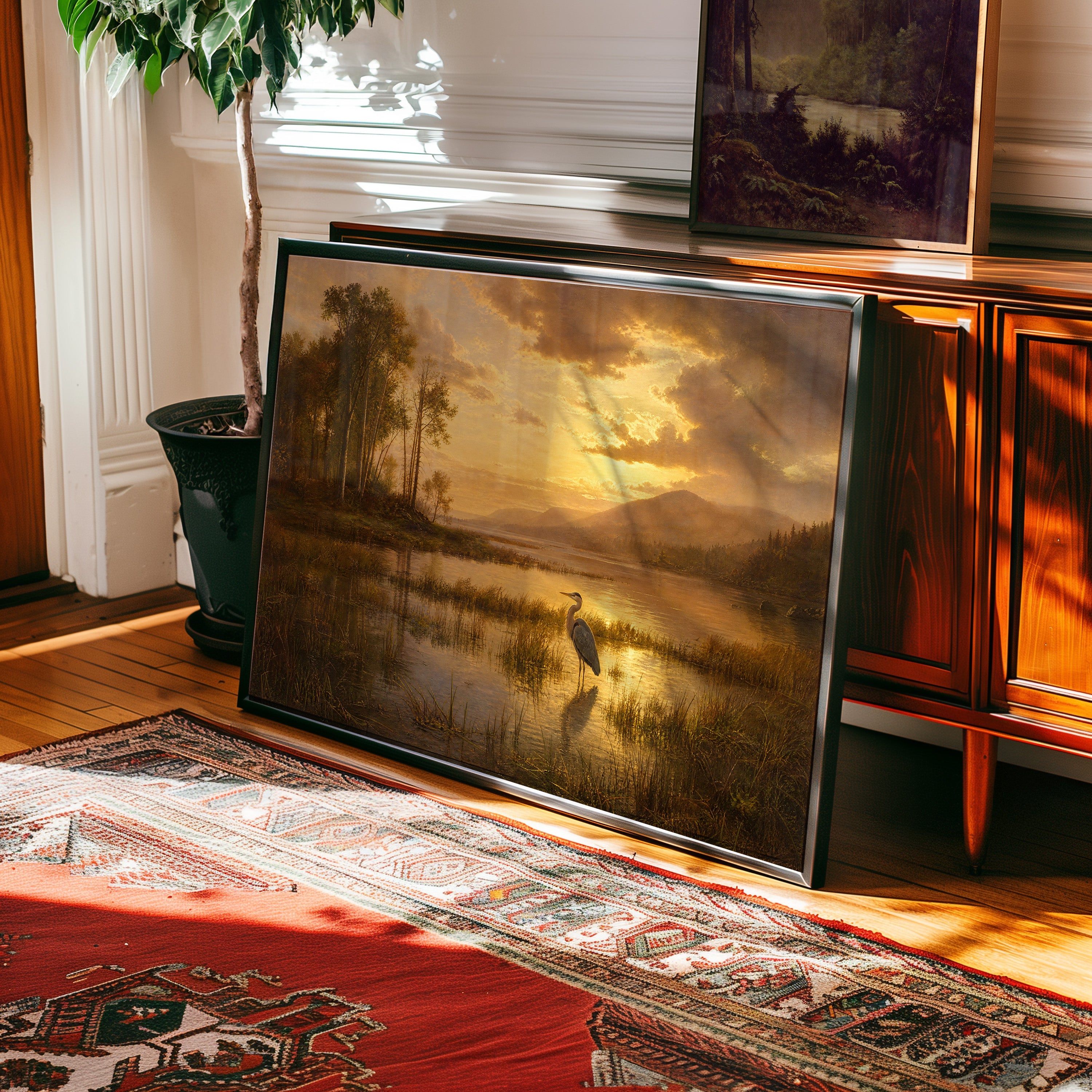 Oil painting of a heron wading in a golden marsh at sunrise with distant mountains — view 2