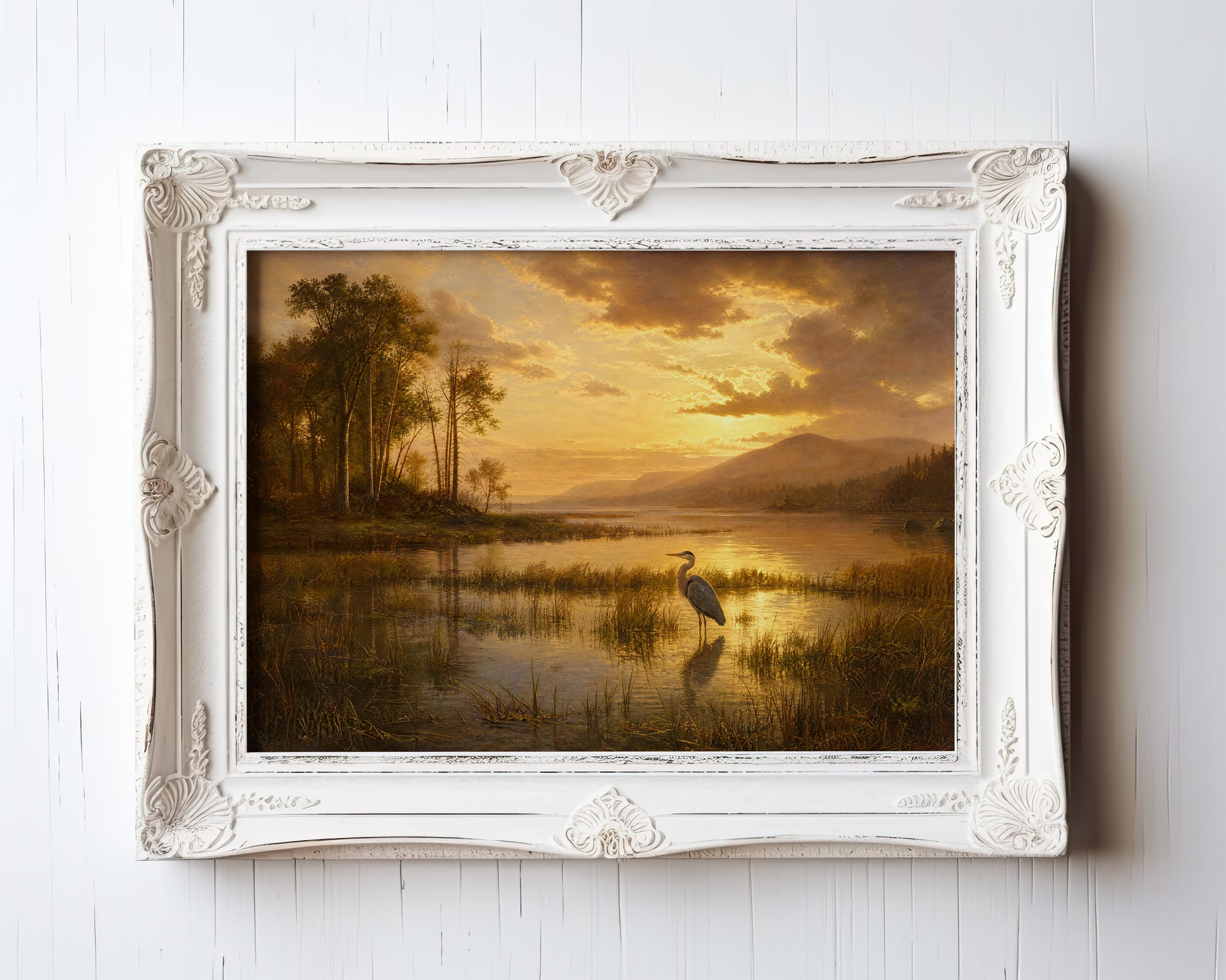 Oil painting of a heron wading in a golden marsh at sunrise with distant mountains — view 3