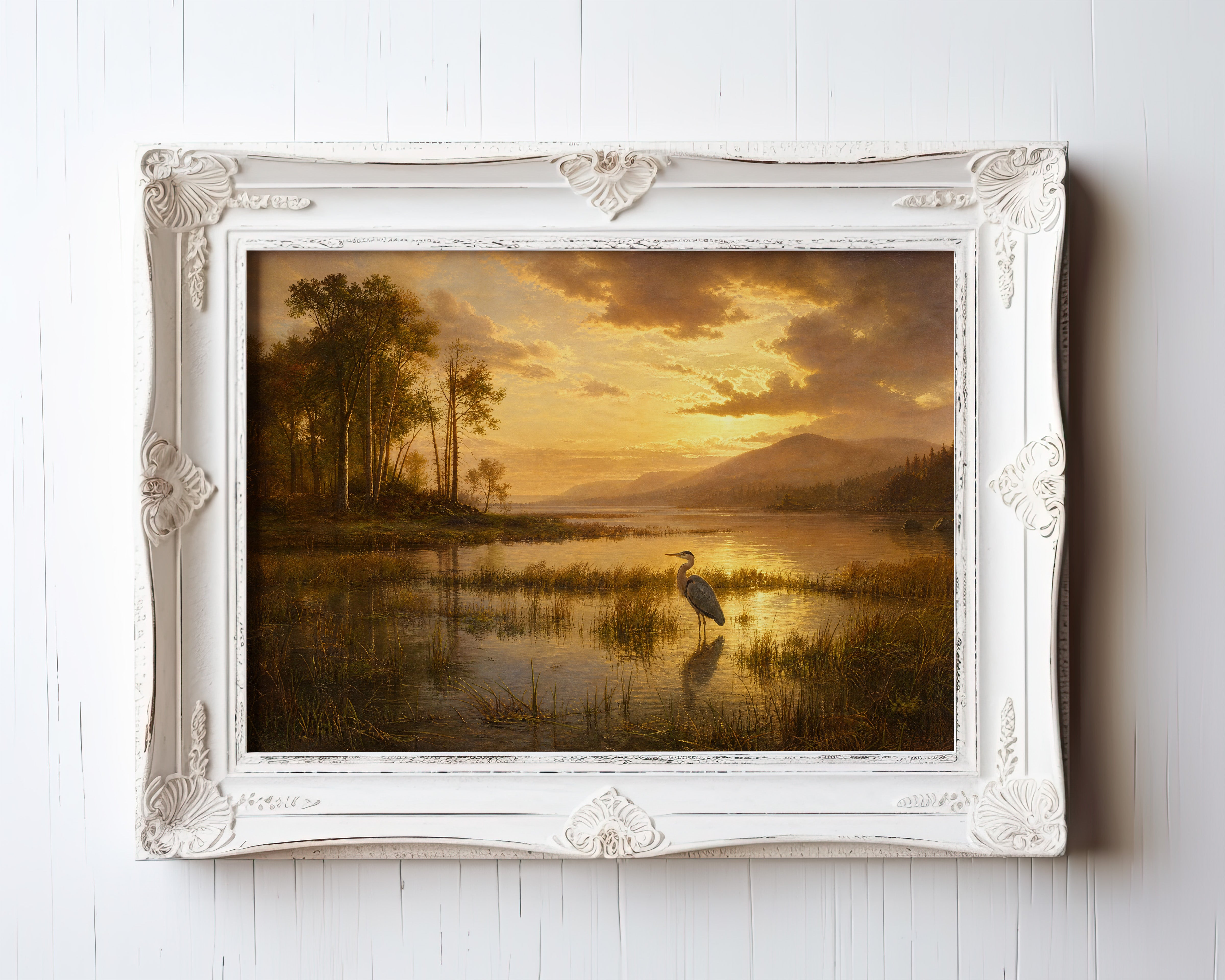Oil painting of a heron wading in a golden marsh at sunrise with distant mountains — view 3