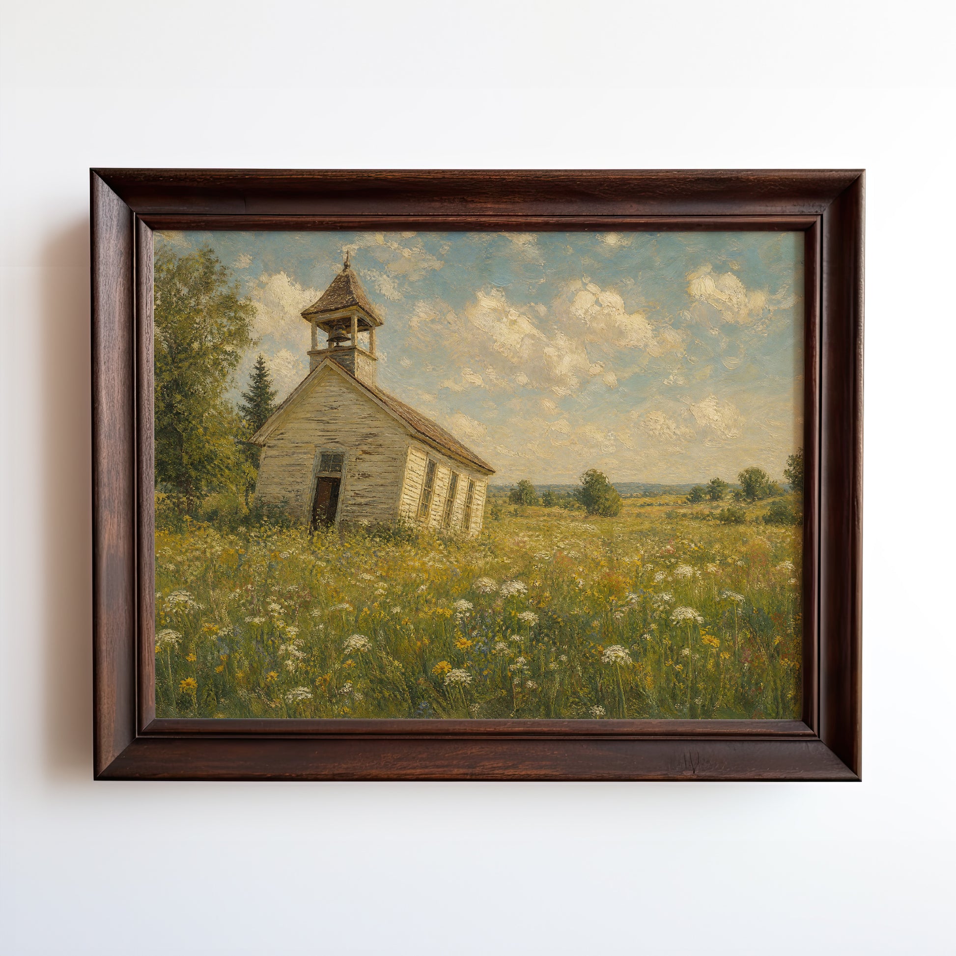 Oil painting of an abandoned white chapel with bell tower amid golden wildflowers