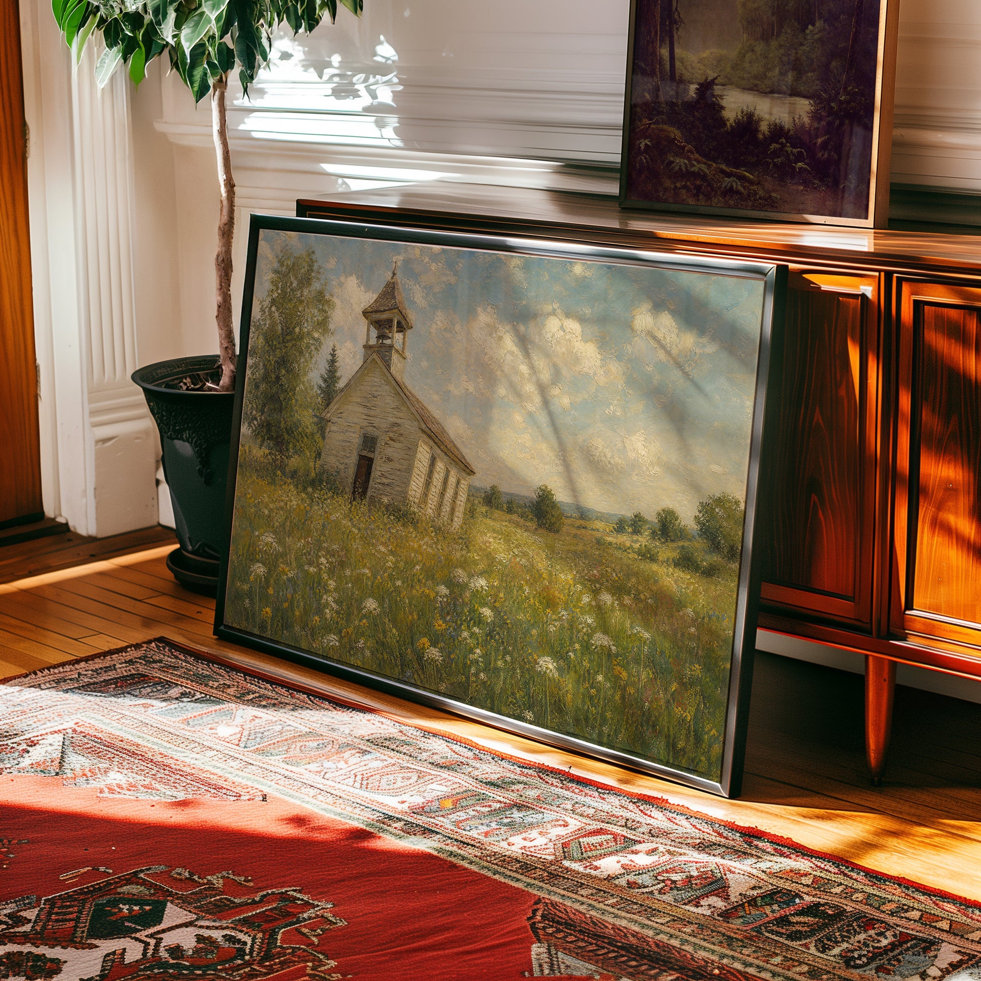 Oil painting of an abandoned white chapel with bell tower amid golden wildflowers — view 2
