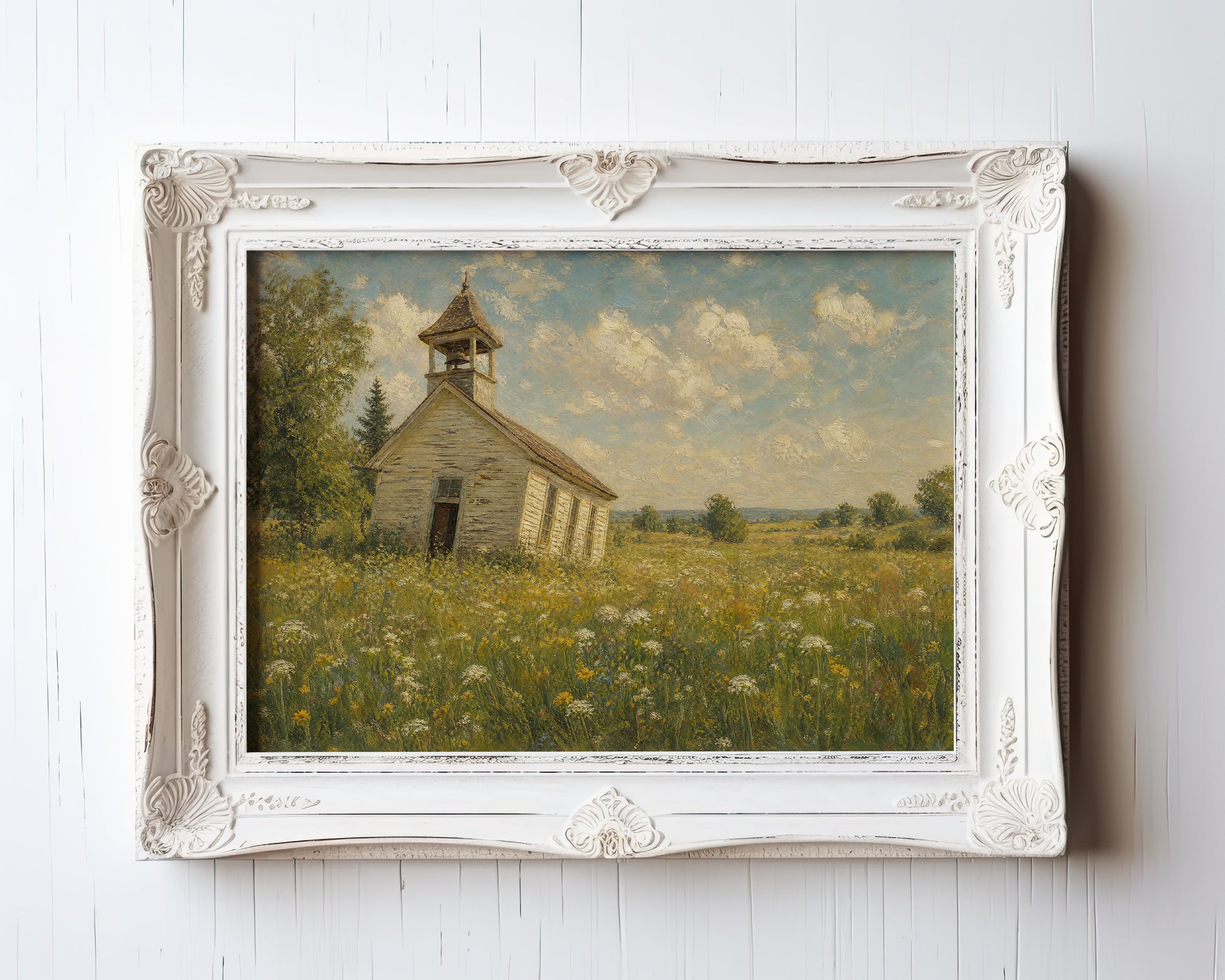 Oil painting of an abandoned white chapel with bell tower amid golden wildflowers — view 3