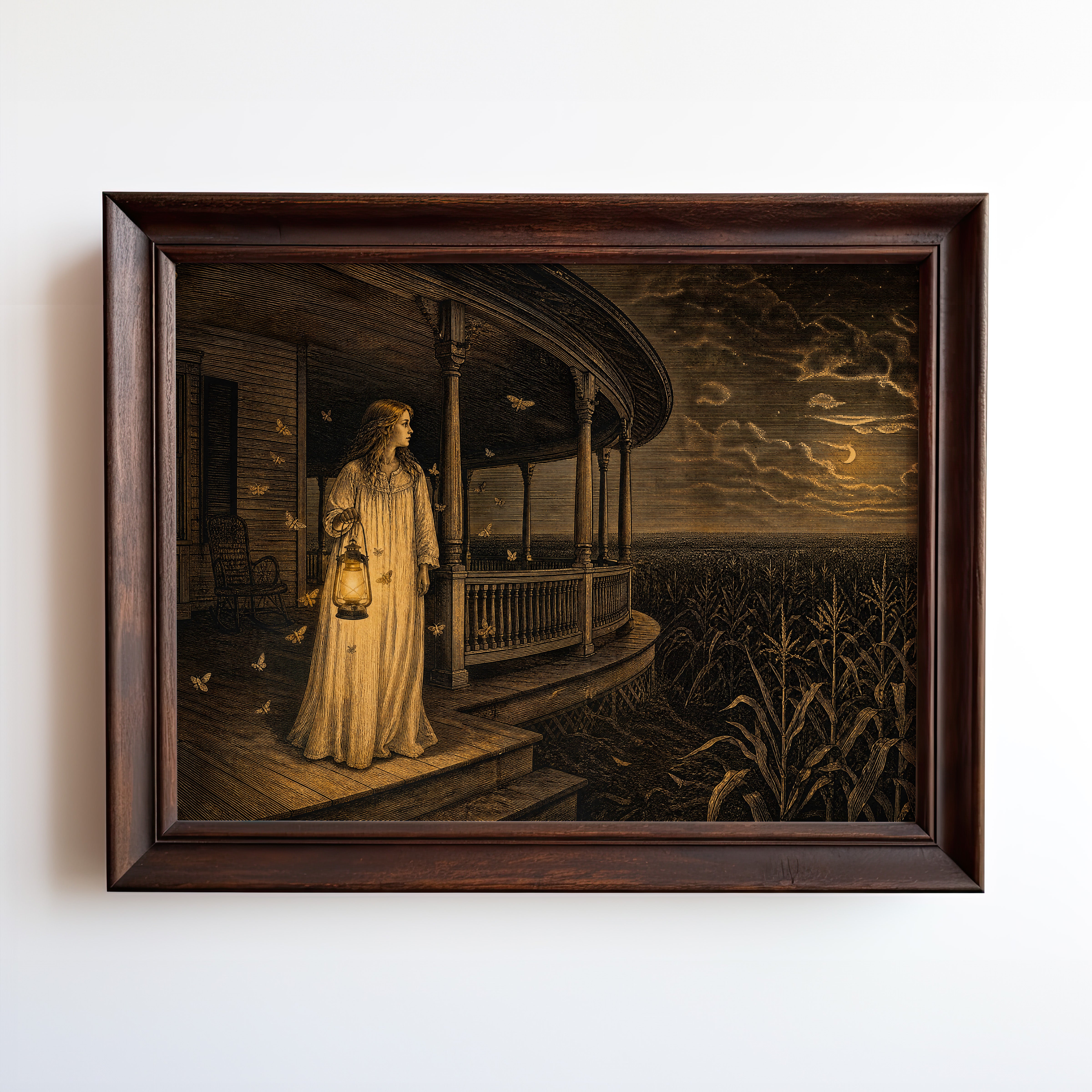 Woman with lantern on Victorian porch overlooking corn fields, gothic etching print