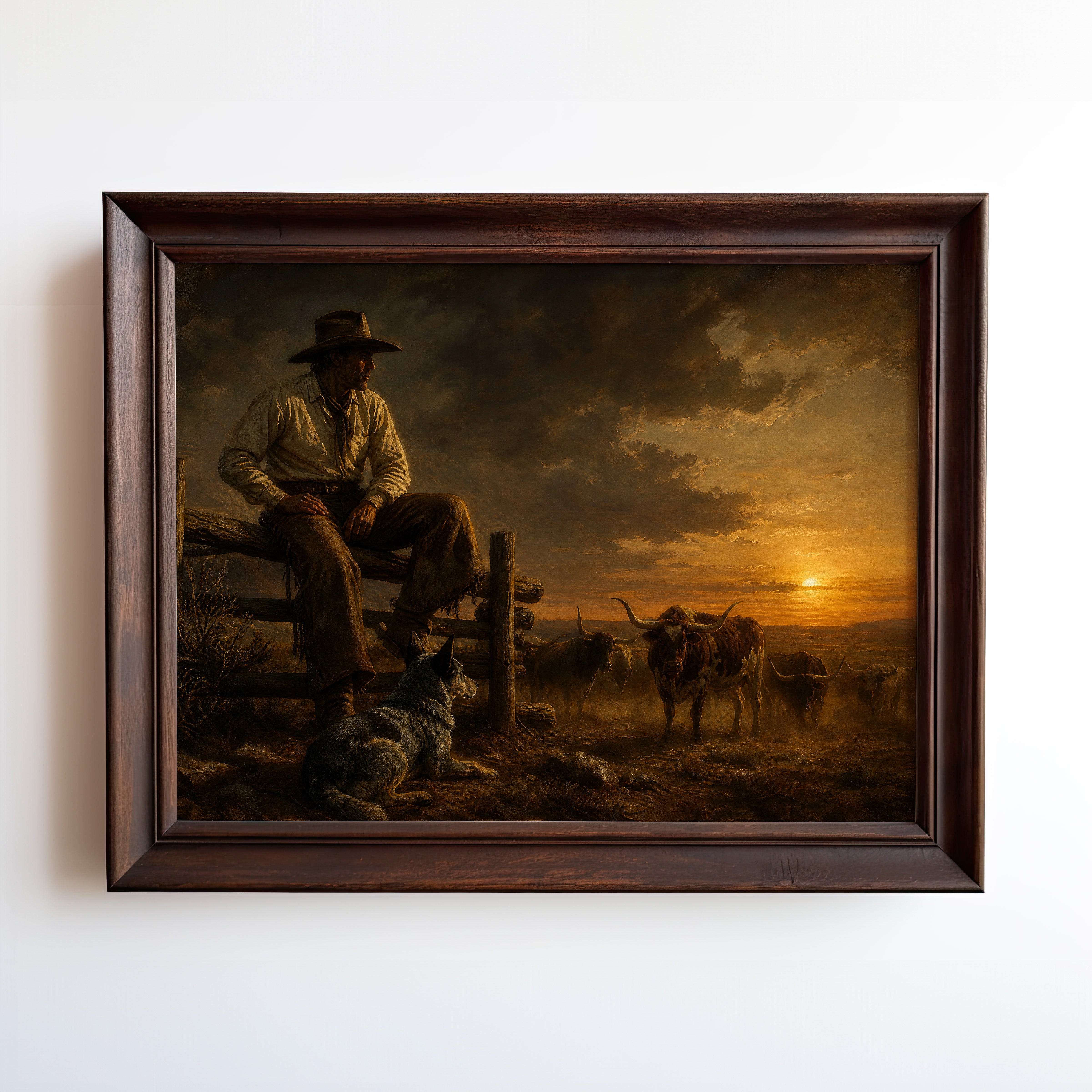 Oil painting of a cowboy and herding dog watching longhorn cattle at golden sunset