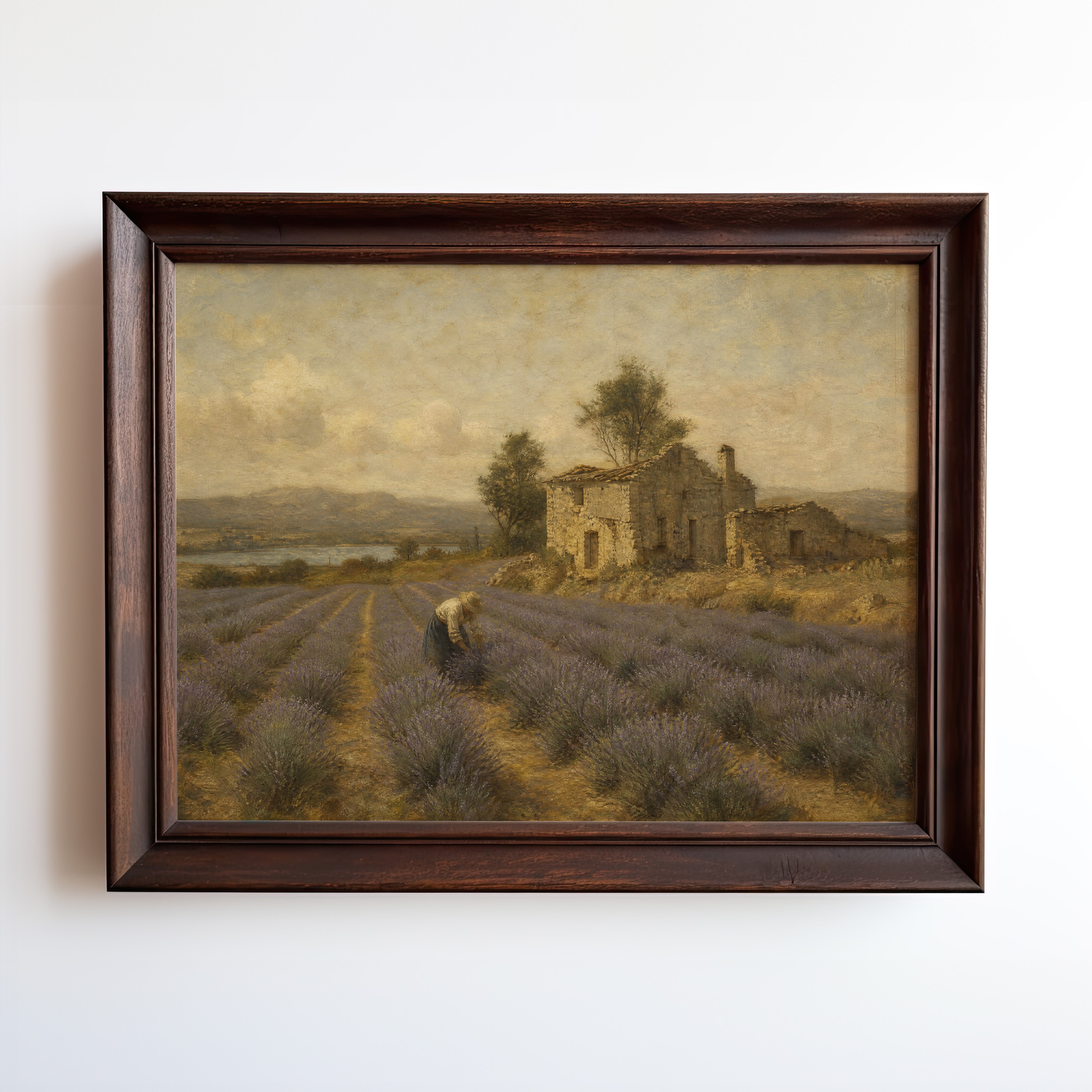 Oil painting of a worker in a lavender field beside an old stone farmhouse