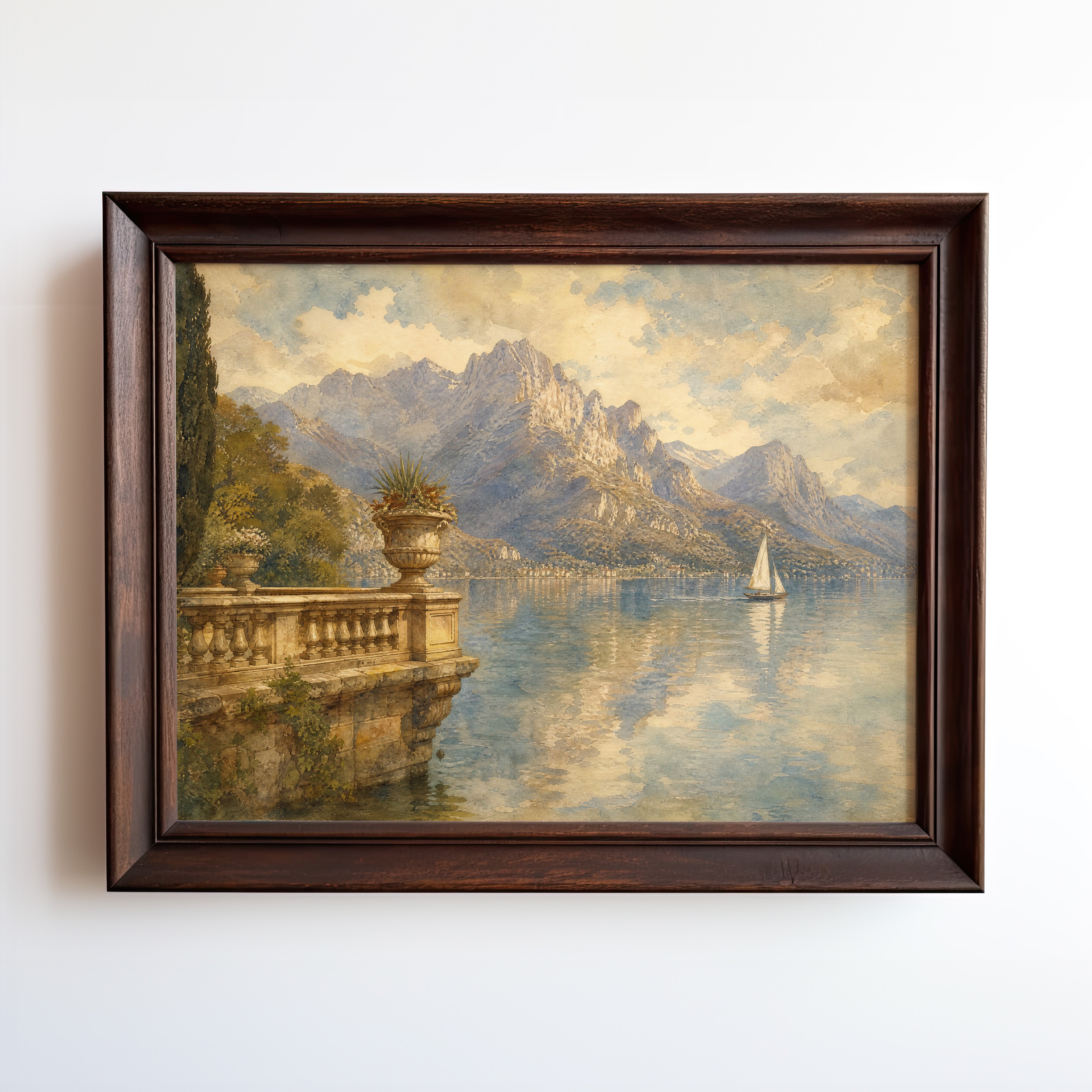 Oil painting of an alpine lake at golden hour with stone balustrade and distant sailboat