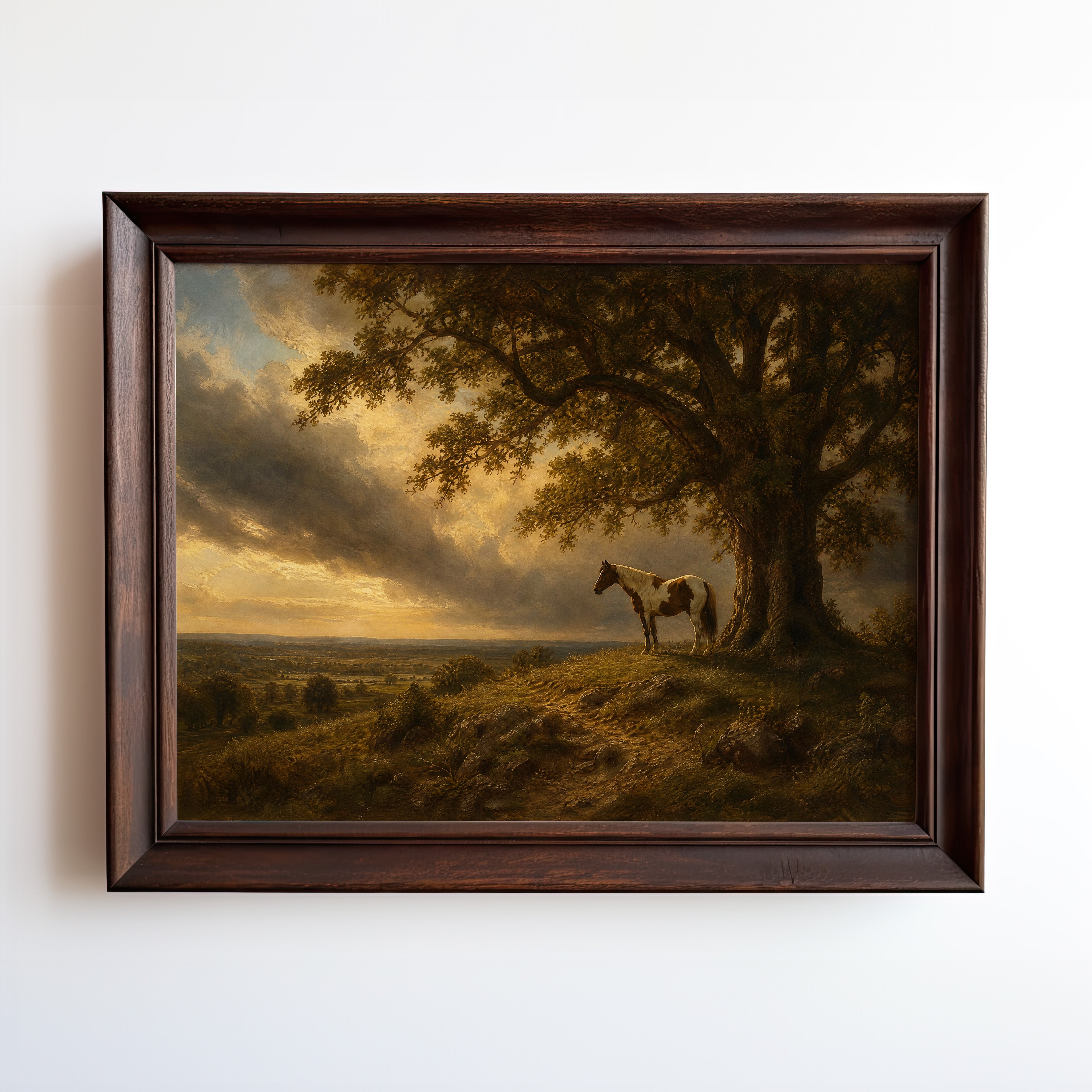 Oil painting of a horse beneath an ancient oak overlooking a valley