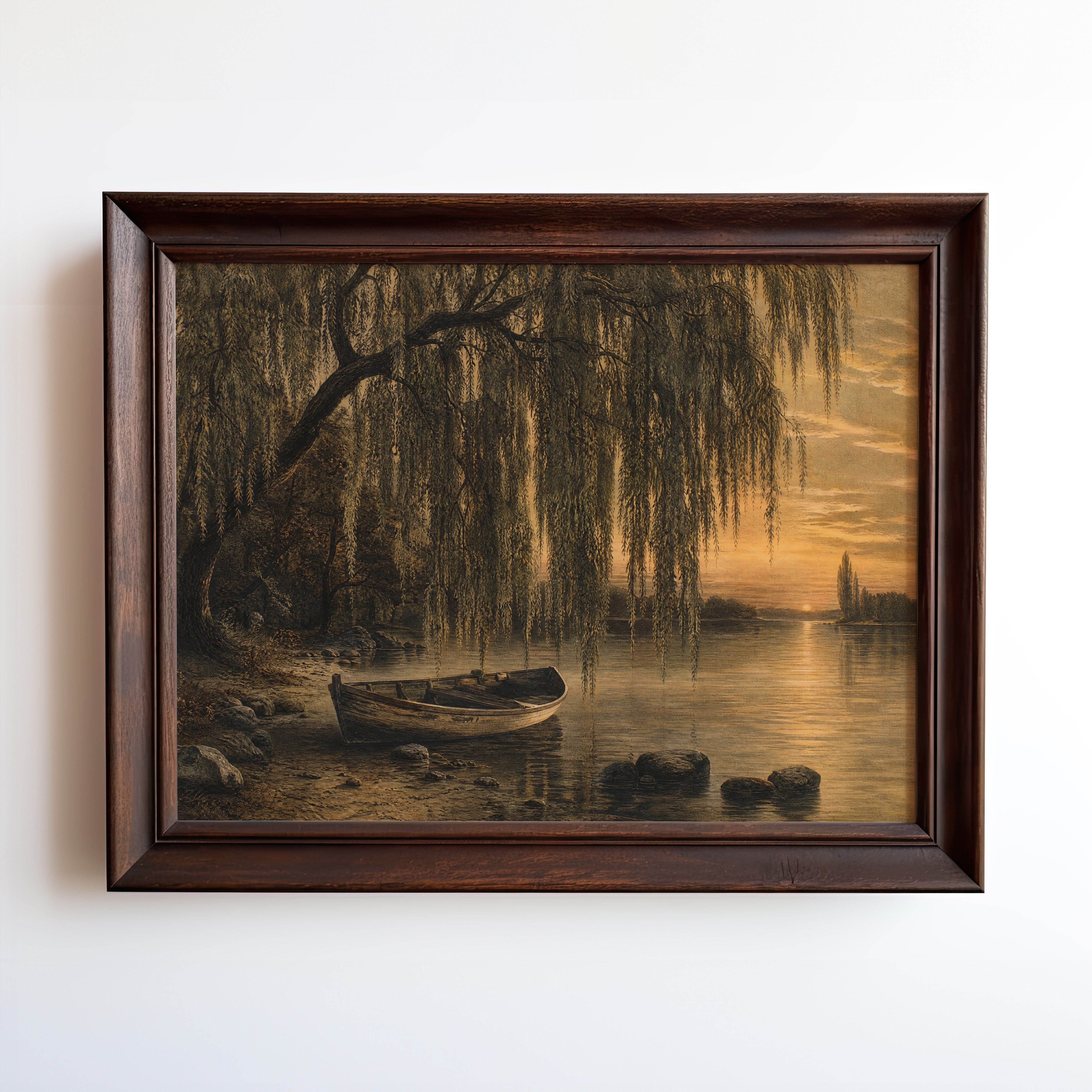 Oil painting print of a moored rowboat beneath a willow at golden river sunrise