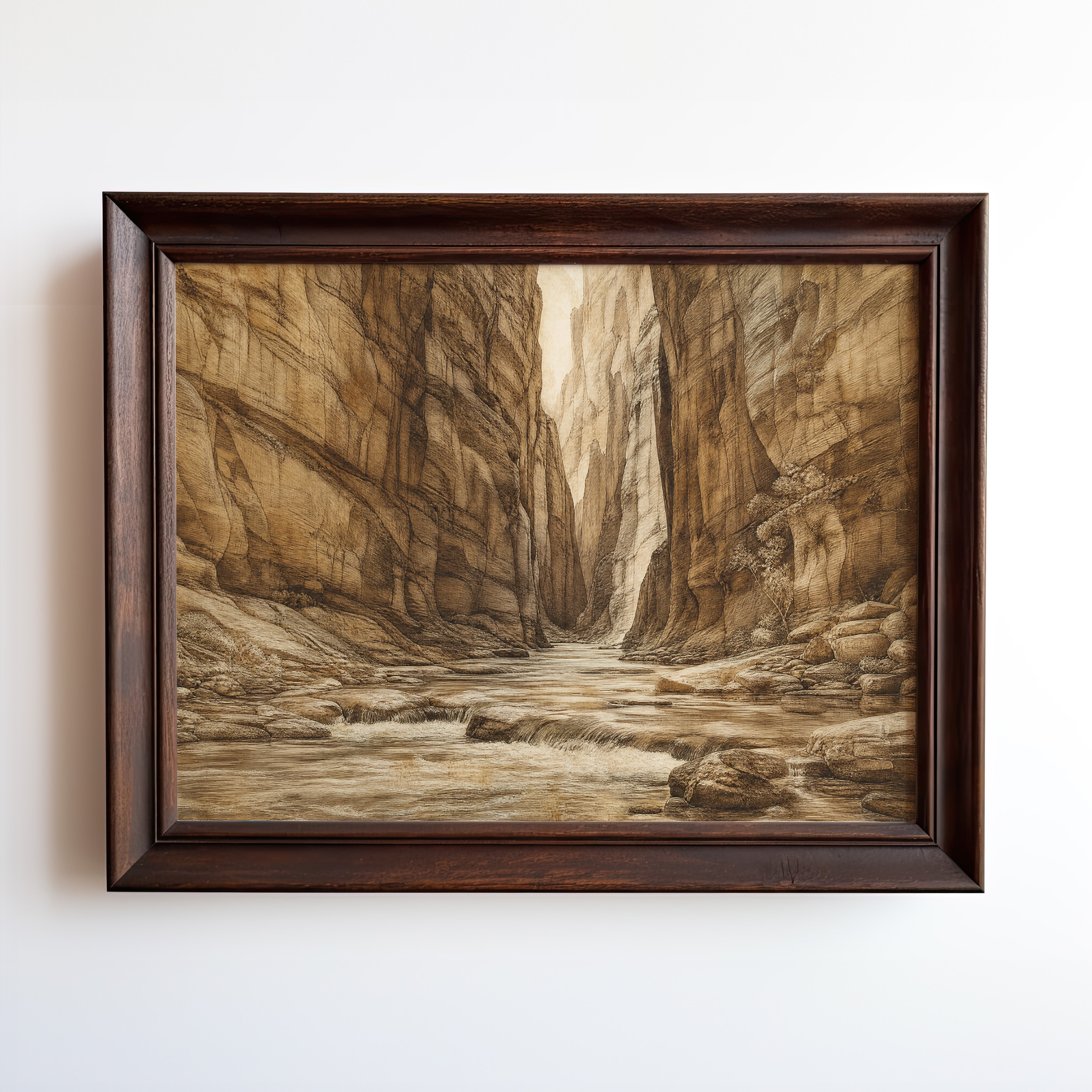 Etching-style print of a river cutting through towering desert canyon walls